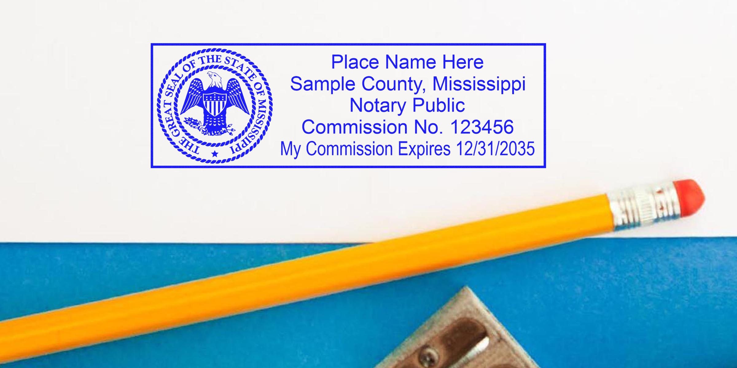Mississippi notary seal stamp with pencil and sharpener on blue background, showing the notary seal and its requirements.