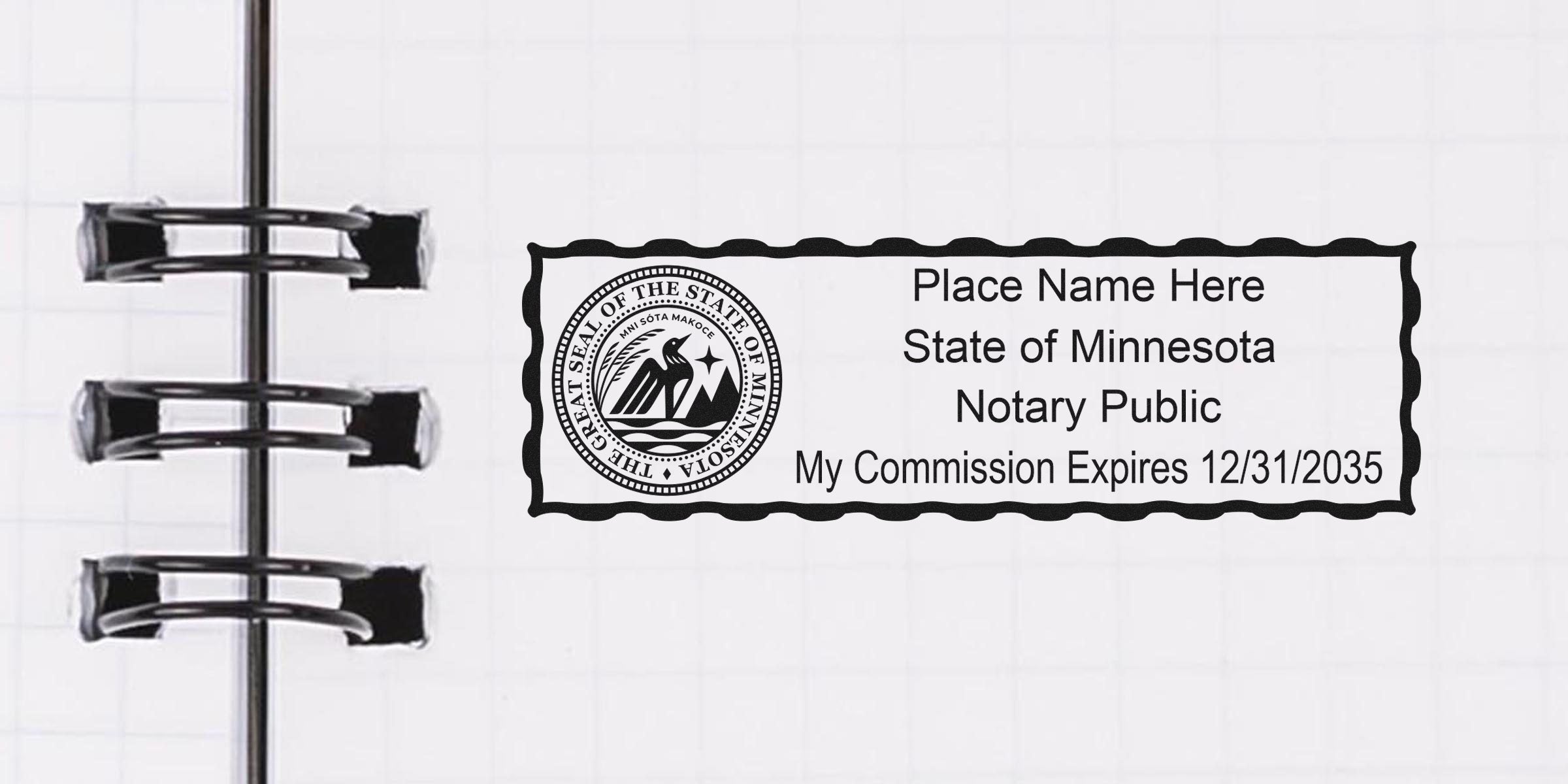 Minnesota notary public commission seal on white grid paper, with details and size similar to Mississippi notary seal dimensions.