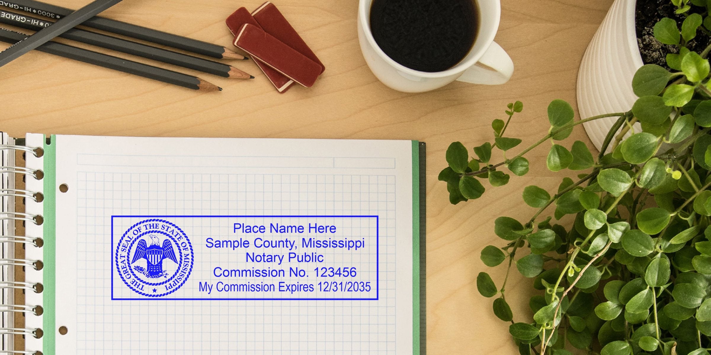 Mississippi notary stamp sample on wooden desk with office supplies and green plant, showing notary stamp requirements in Mississippi.