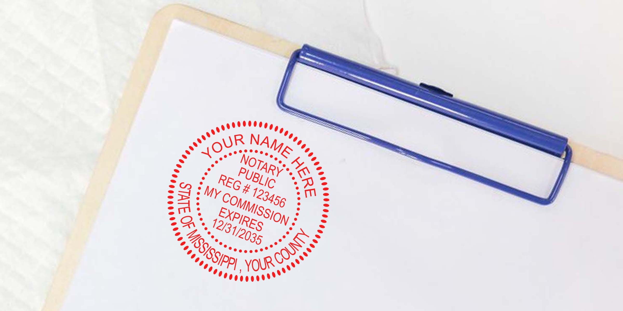 Mississippi notary stamp on clipboard for notary services. Buy notary supplies online now.