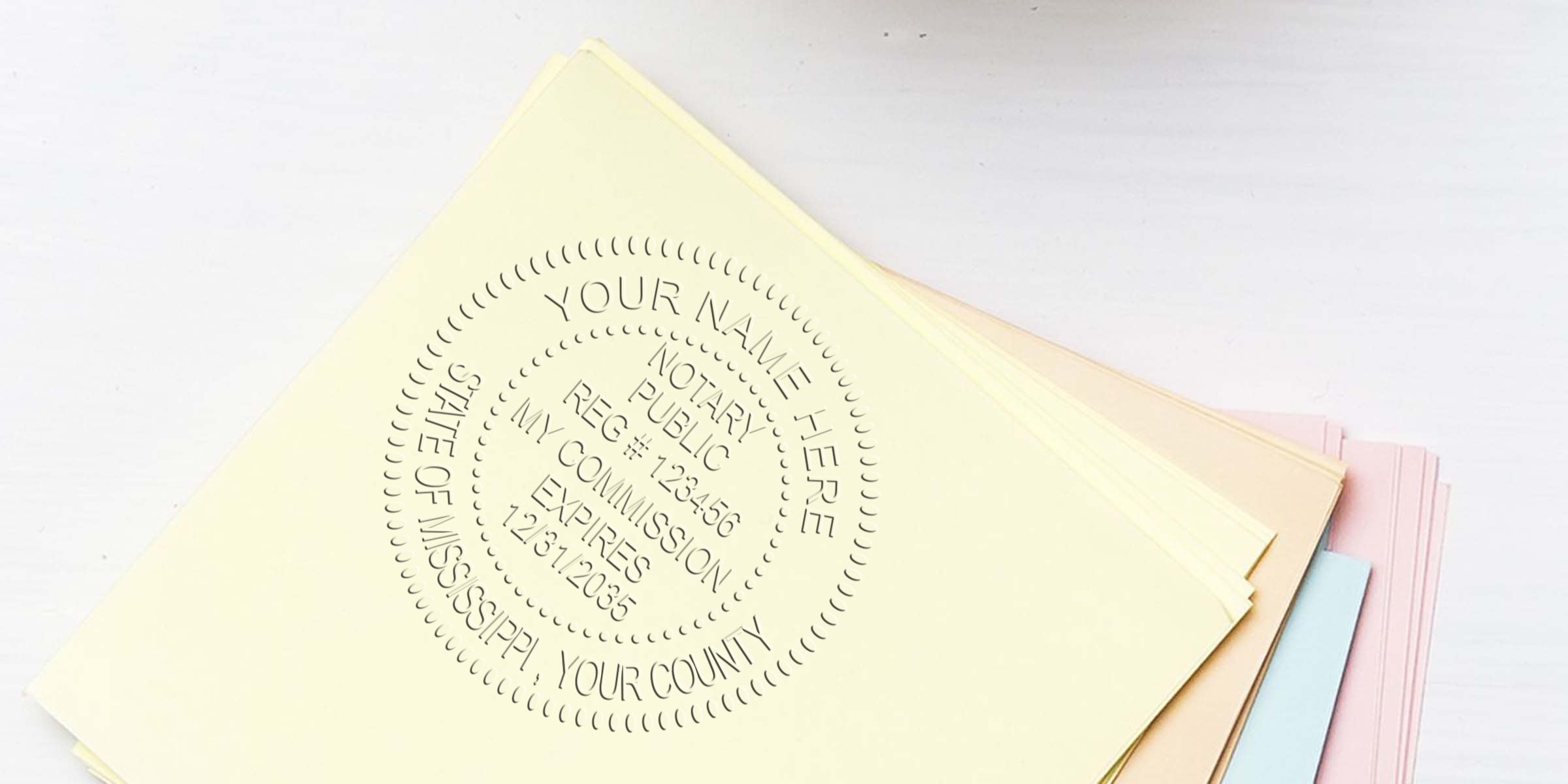 Embossed notary public seal on pastel paper, showcasing Mississippi notary supplies and essentials for official documents.
