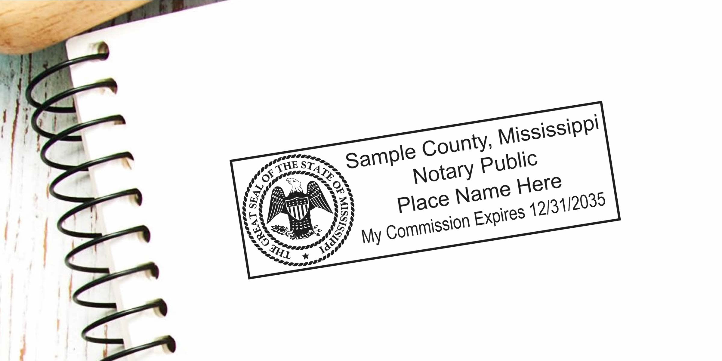 Affordable Mississippi notary stamp on spiral notebook with public seal and commission expiration date, part of MS Notary Supplies.