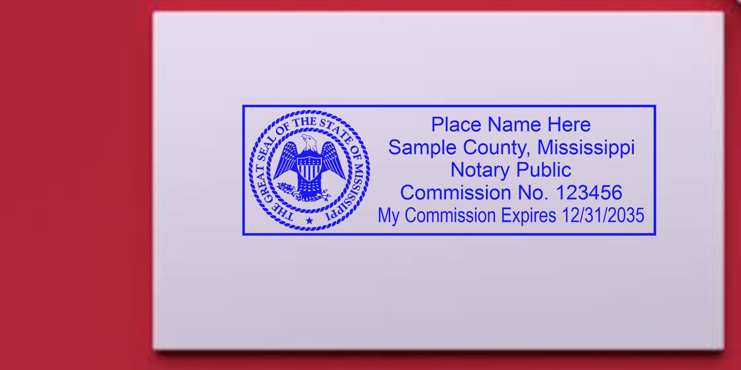 Mississippi notary seal with state seal and commission details on white background, following Mississippi notary public guidelines.