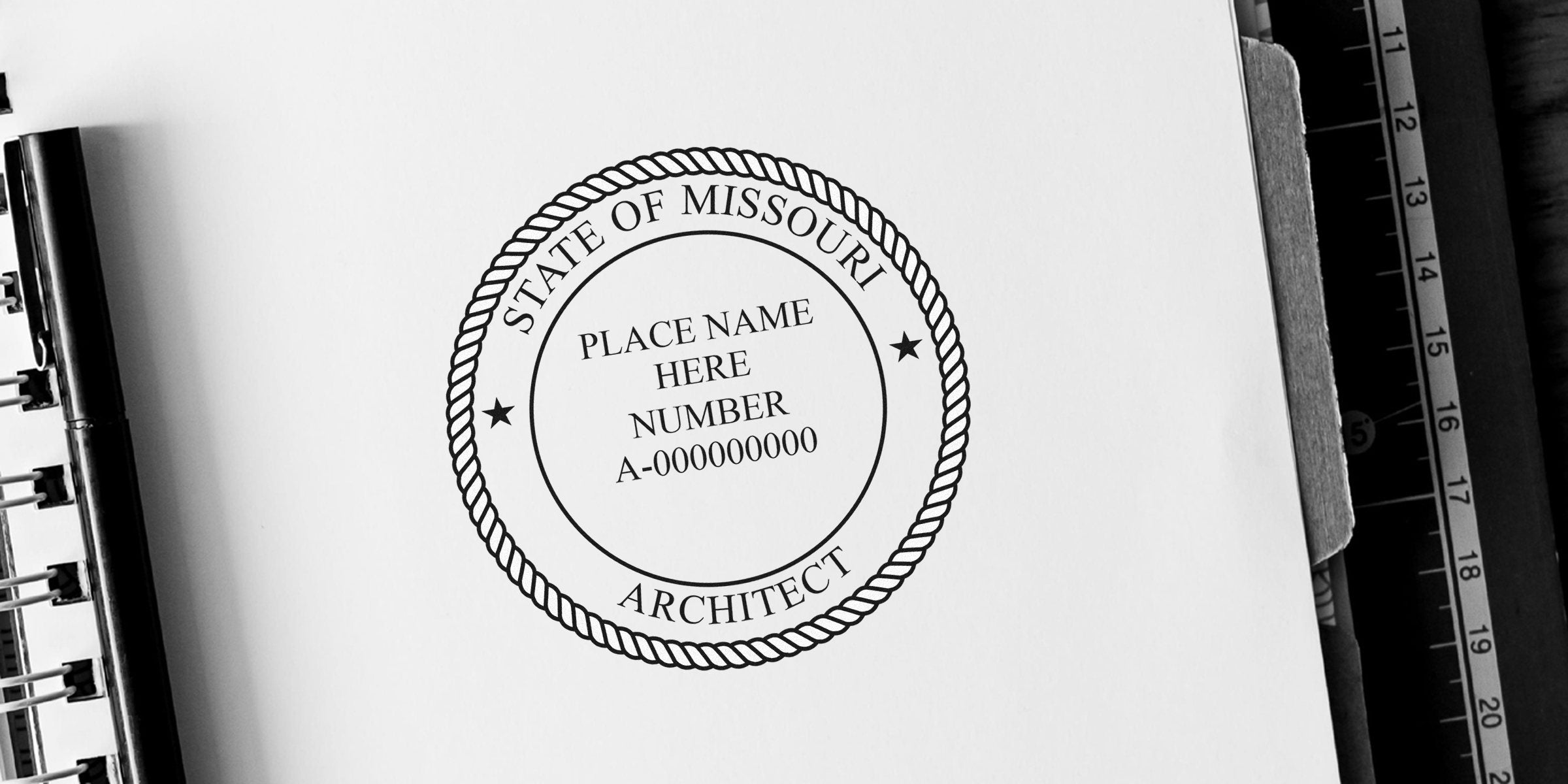 Missouri architectural embossed seal on white paper, surrounded by architectural tools and a ruler, illustrating Missouri's architectural seal requirements.