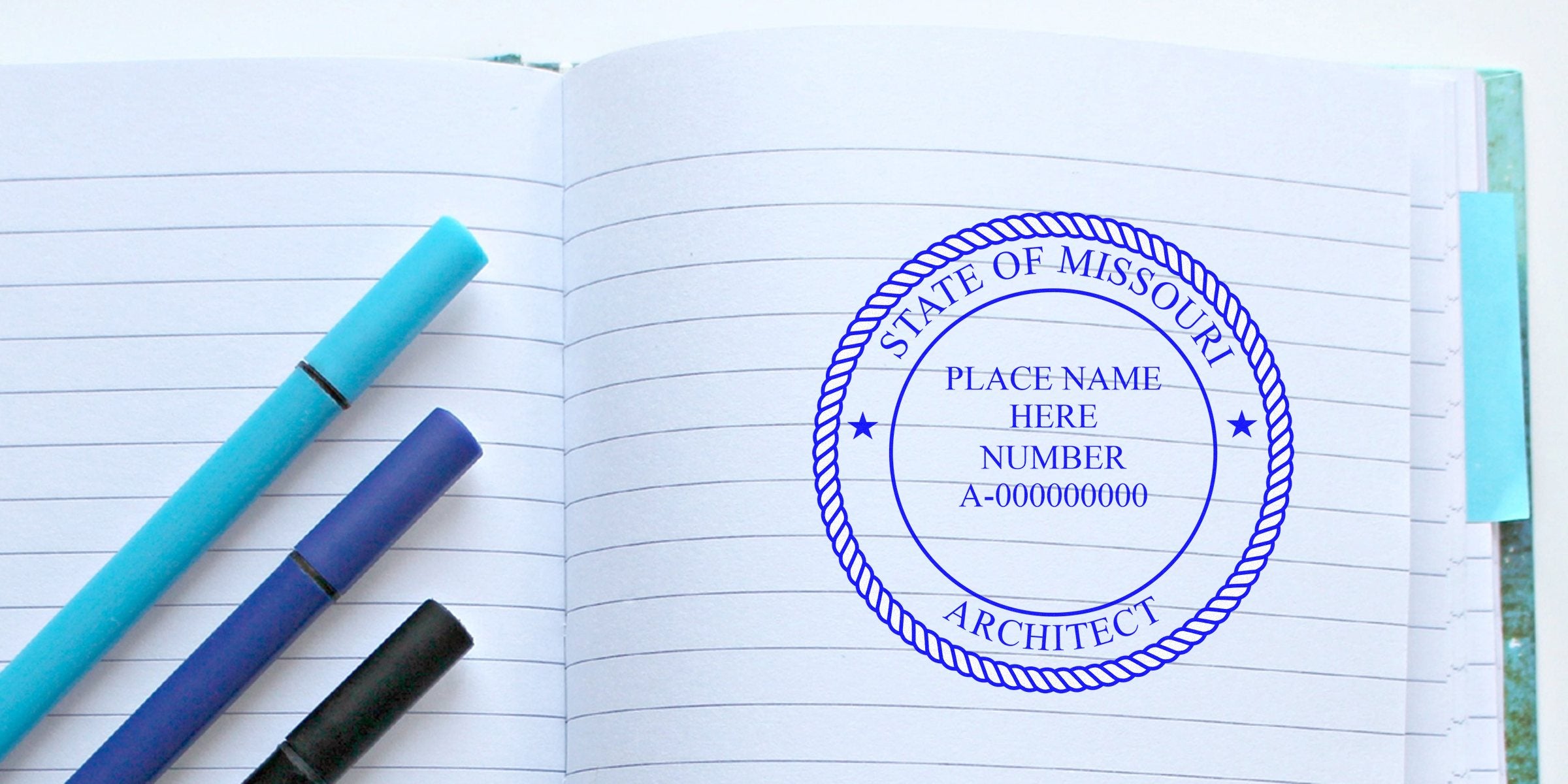Missouri architect stamp embossed on open notebook with colored pens, highlighting professional architect certification and license using embossers.