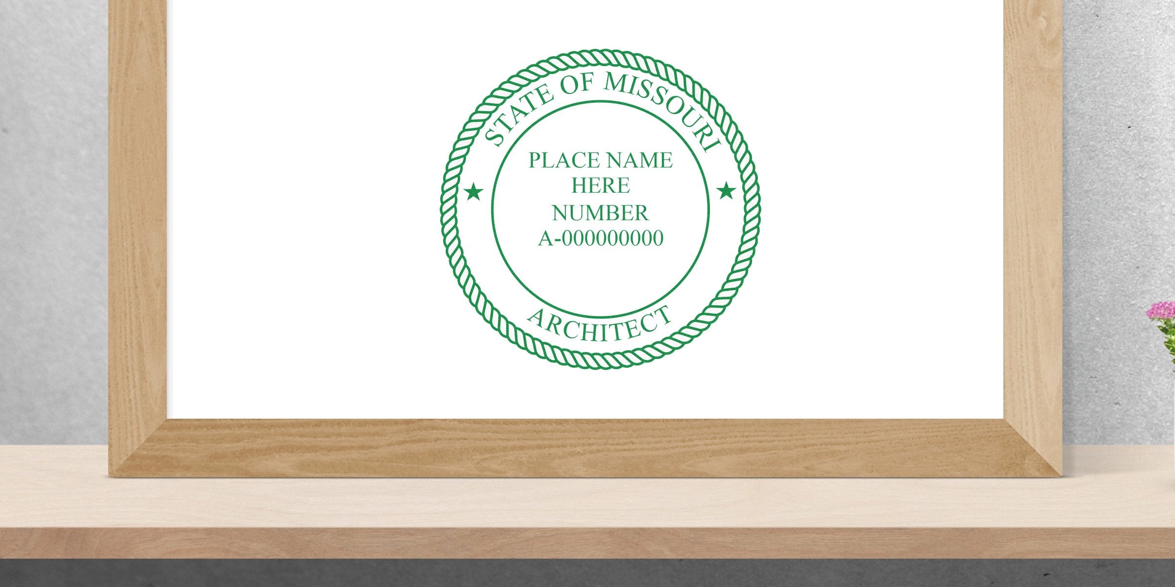 Missouri architect license certificate framed on wooden shelf with decorative flowers, featuring official architect stamp, perfect for architect stamp verification.