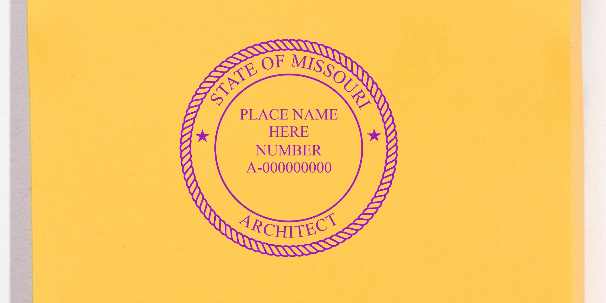 Missouri architect seal stamp on yellow background with license number placeholder, showing seal size and specifications for Missouri architect seal.