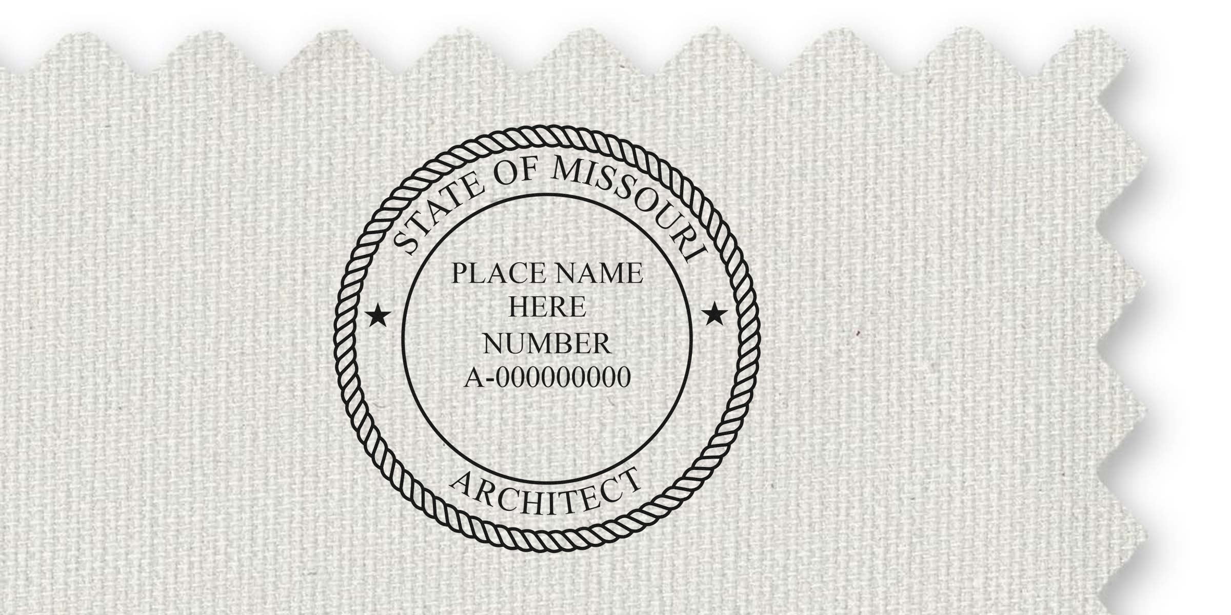 Missouri architect seal stamped on textured fabric, displaying design elements required for professional license verification.