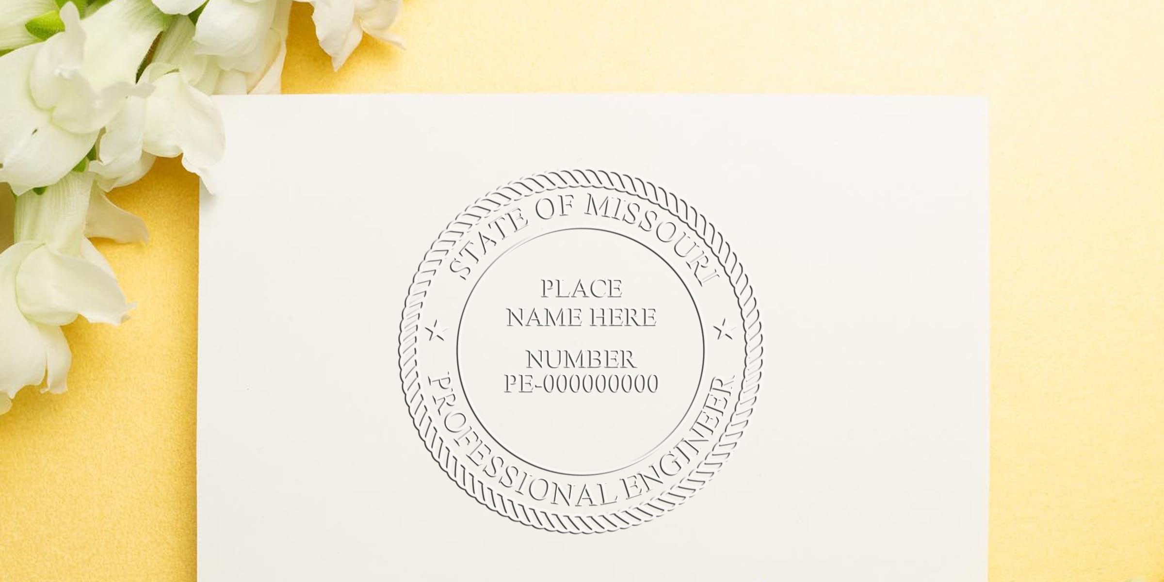 Embossed Missouri engineering seal on white paper with flowers on a yellow background, highlighting Missouri engineering seal design standards.