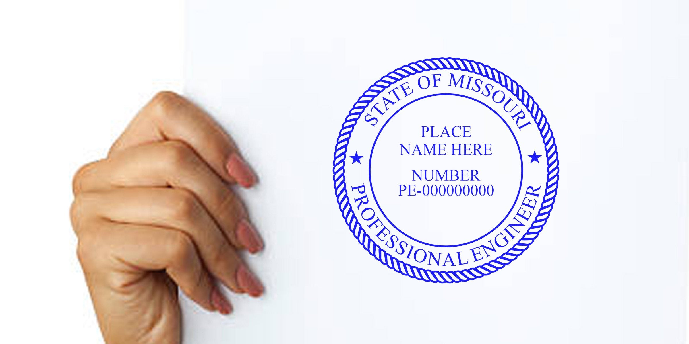 Missouri engineer stamp with professional seal and hand holding paper, symbolizing trusted engineering certification.