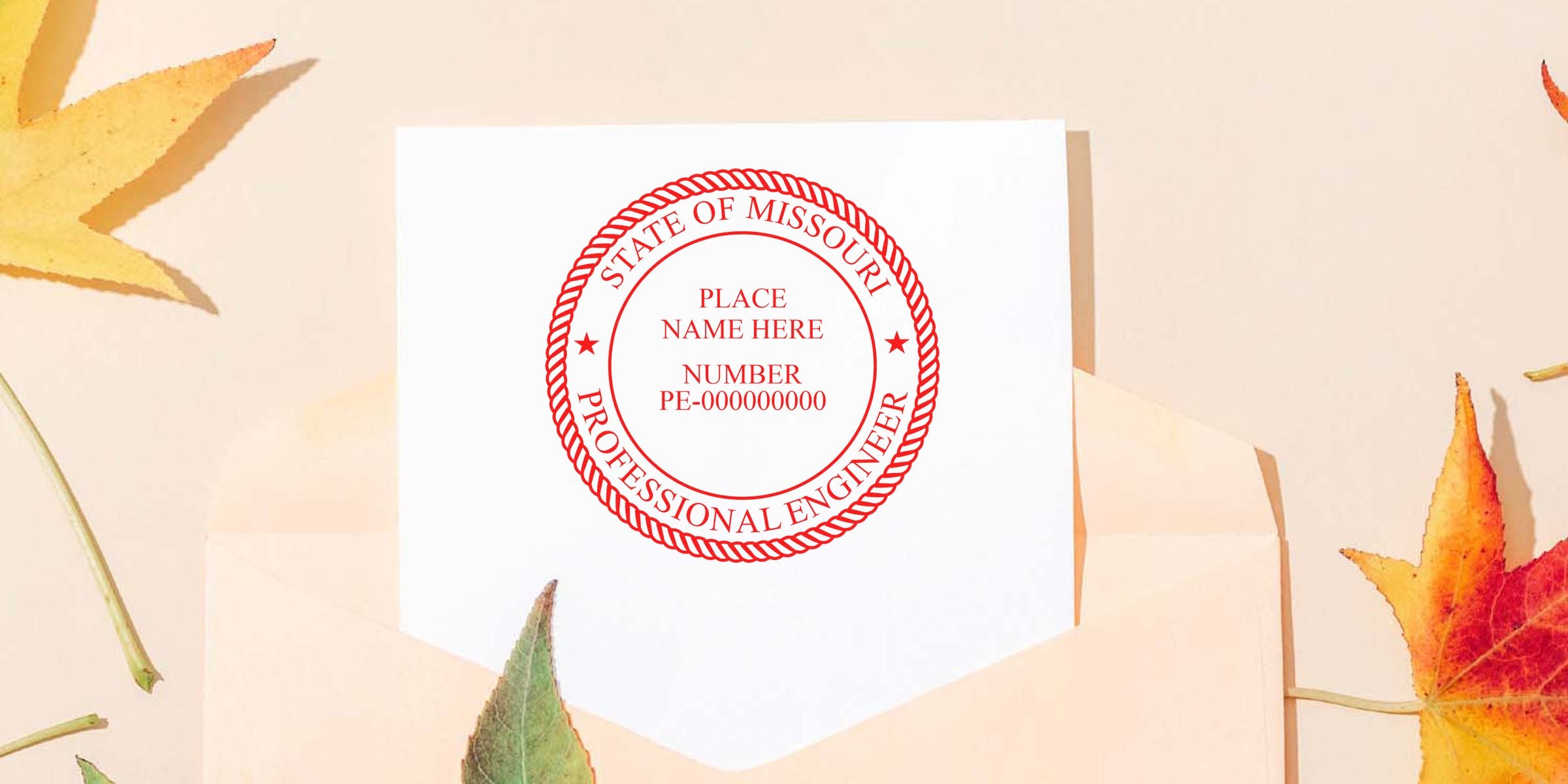 Missouri Engineer Seal Stamp on white paper with autumn leaves background, compliant with Missouri Engineering standards.