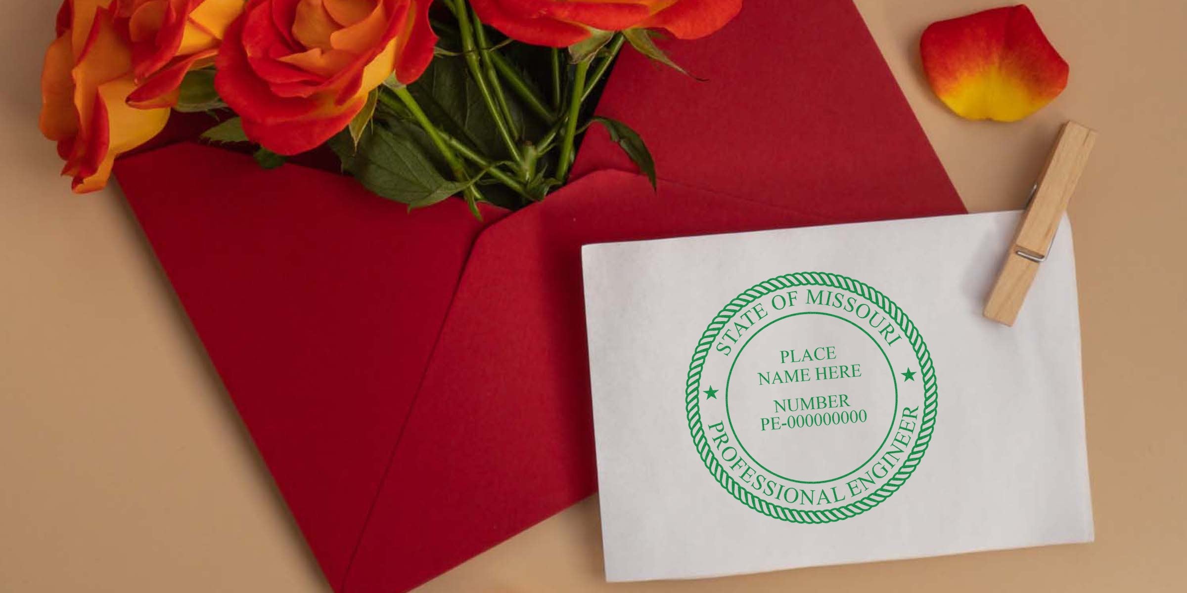 Missouri professional engineer seal on white paper with red envelope and orange roses, showing Missouri engineer stamp laws and certification seal requirements.