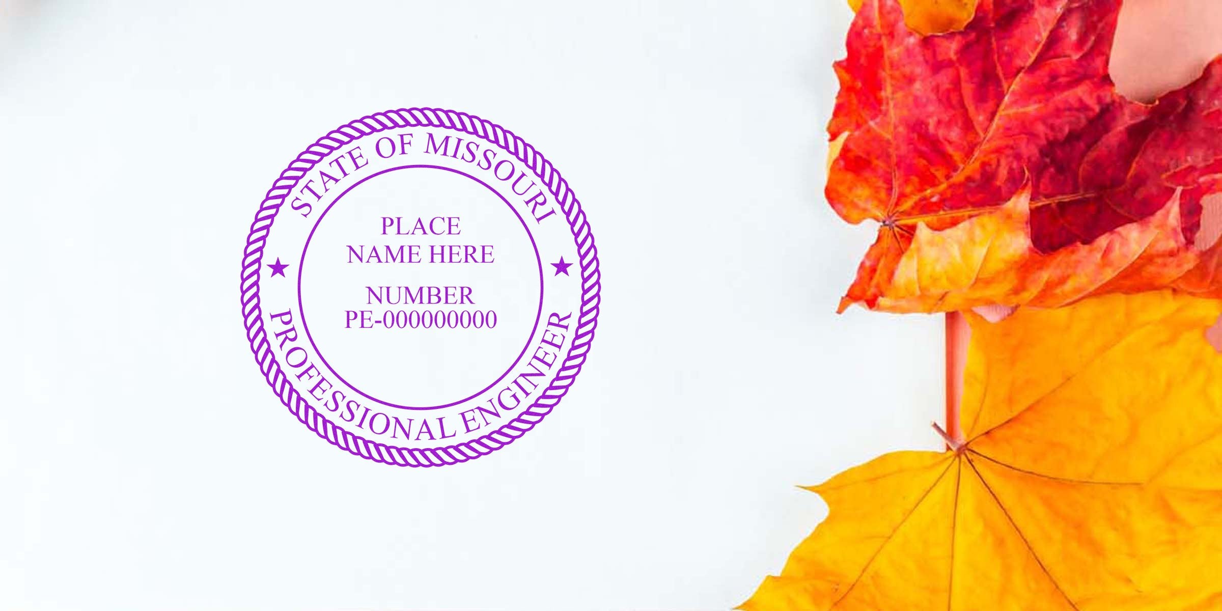 Missouri professional engineer seal with autumn leaves background, emphasizing MO PE seal rules and Missouri professional engineer seal standards.