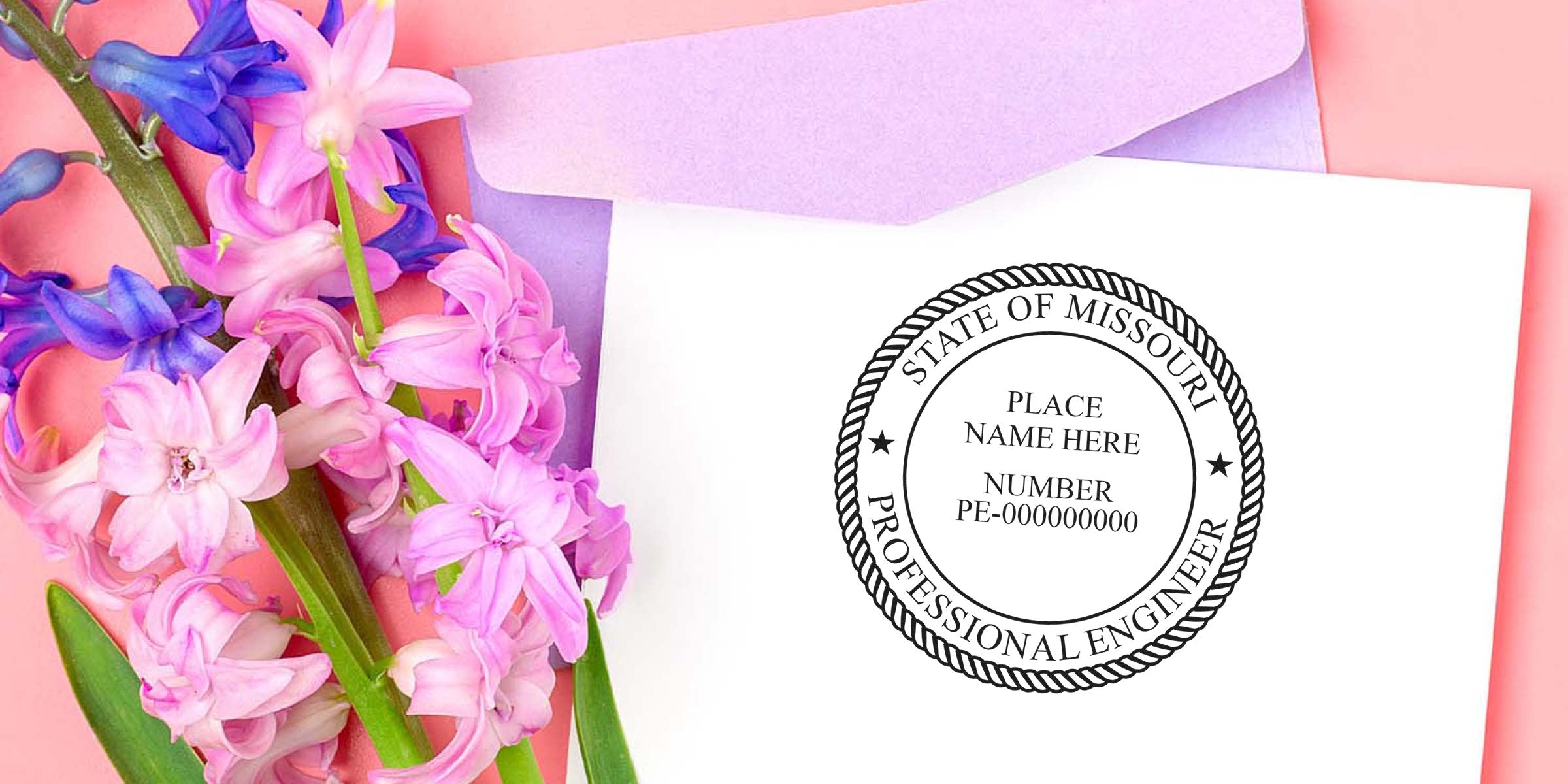 Missouri professional engineer seal on white paper with pink and purple flowers and envelope, showing Missouri PE stamp requirements and engineering stamp guidelines.