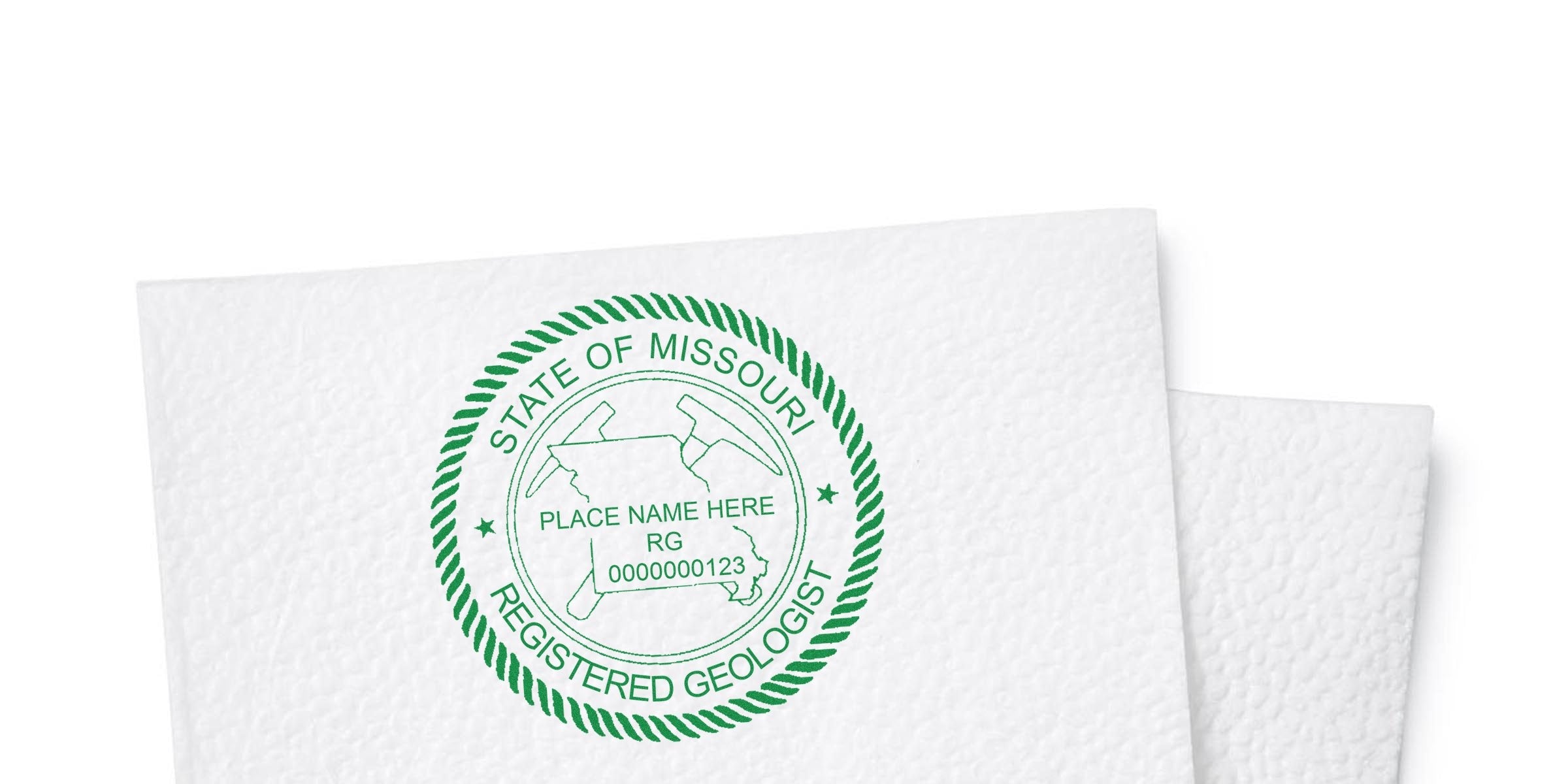 Missouri Professional Geologist License seal on white paper, Geologist Seal Missouri for certification.
