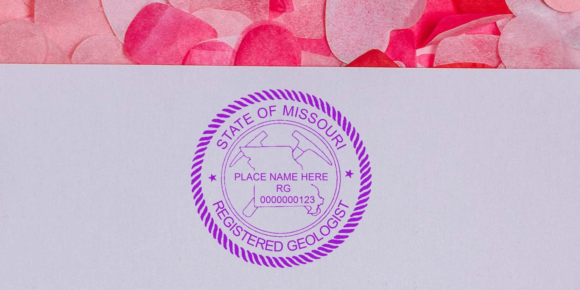 Missouri Geology Stamp with official Geologist Seal on document, set against a pink heart confetti background.