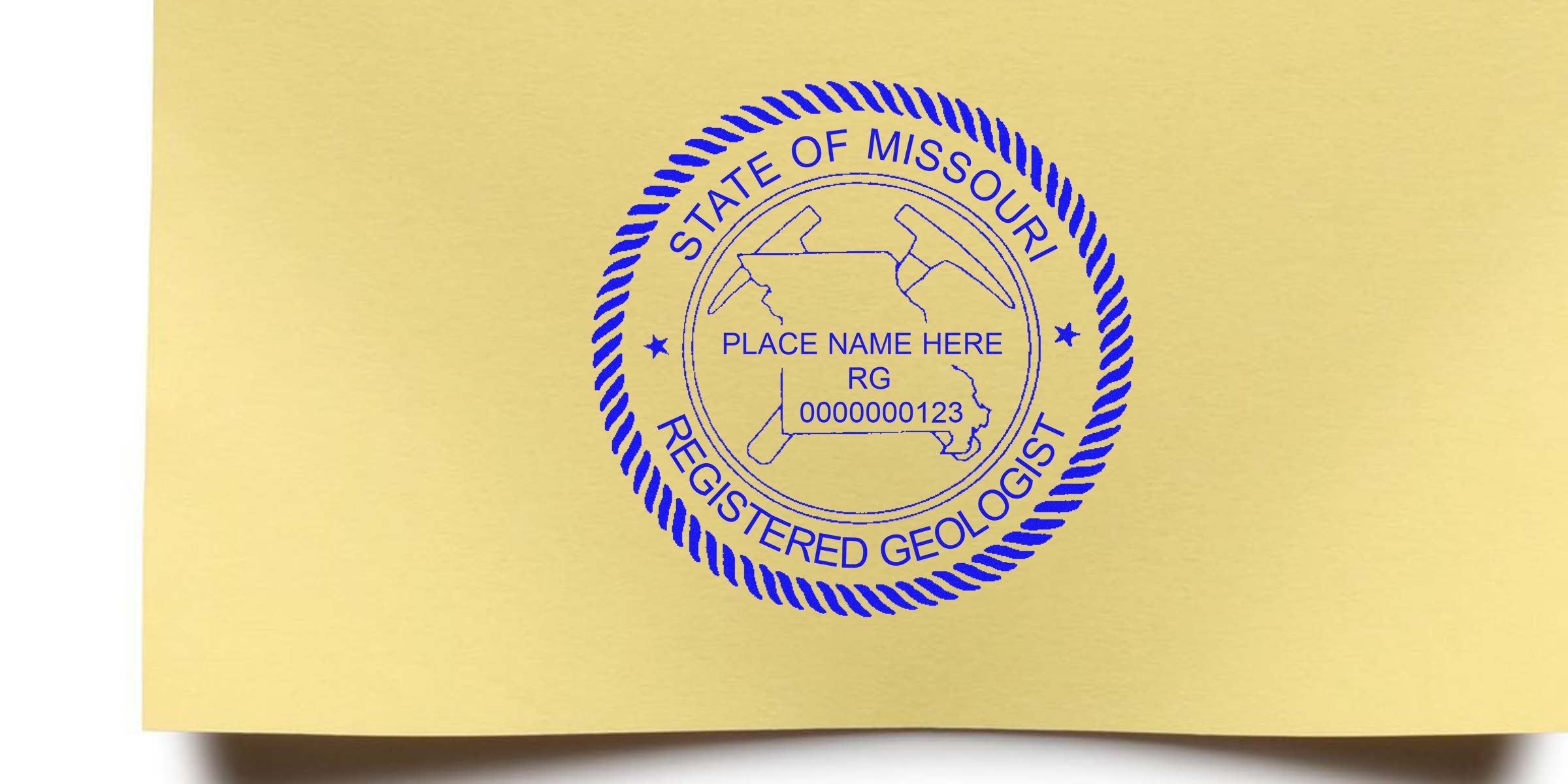 Missouri geologist stamp on yellow paper with state map and registration number, Missouri registered geologist seal, geologist stamp available online.