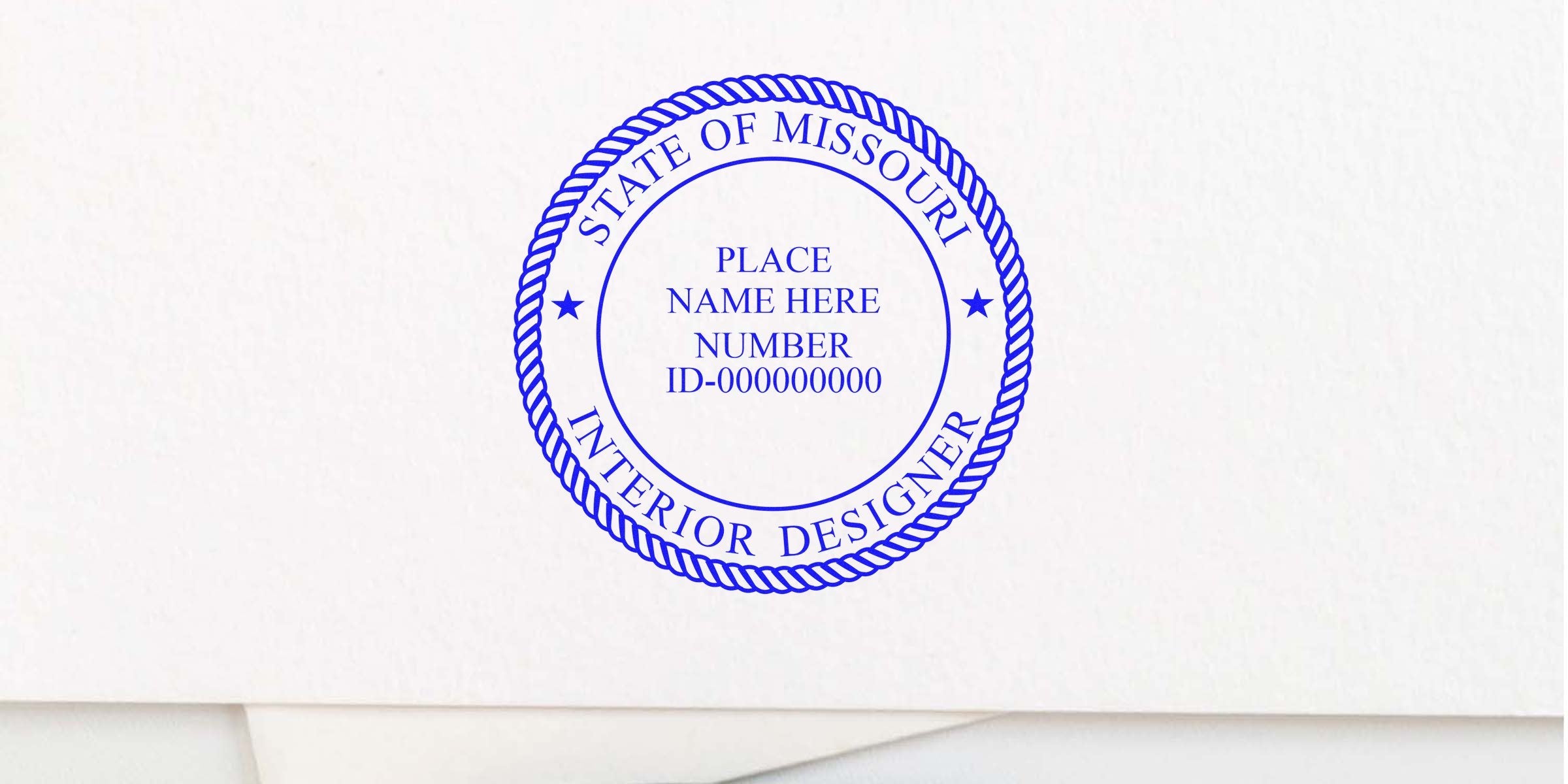 Missouri interior designer seal stamp with ID number and placeholder text on white paper, featuring Missouri interior design certification and official stamp.
