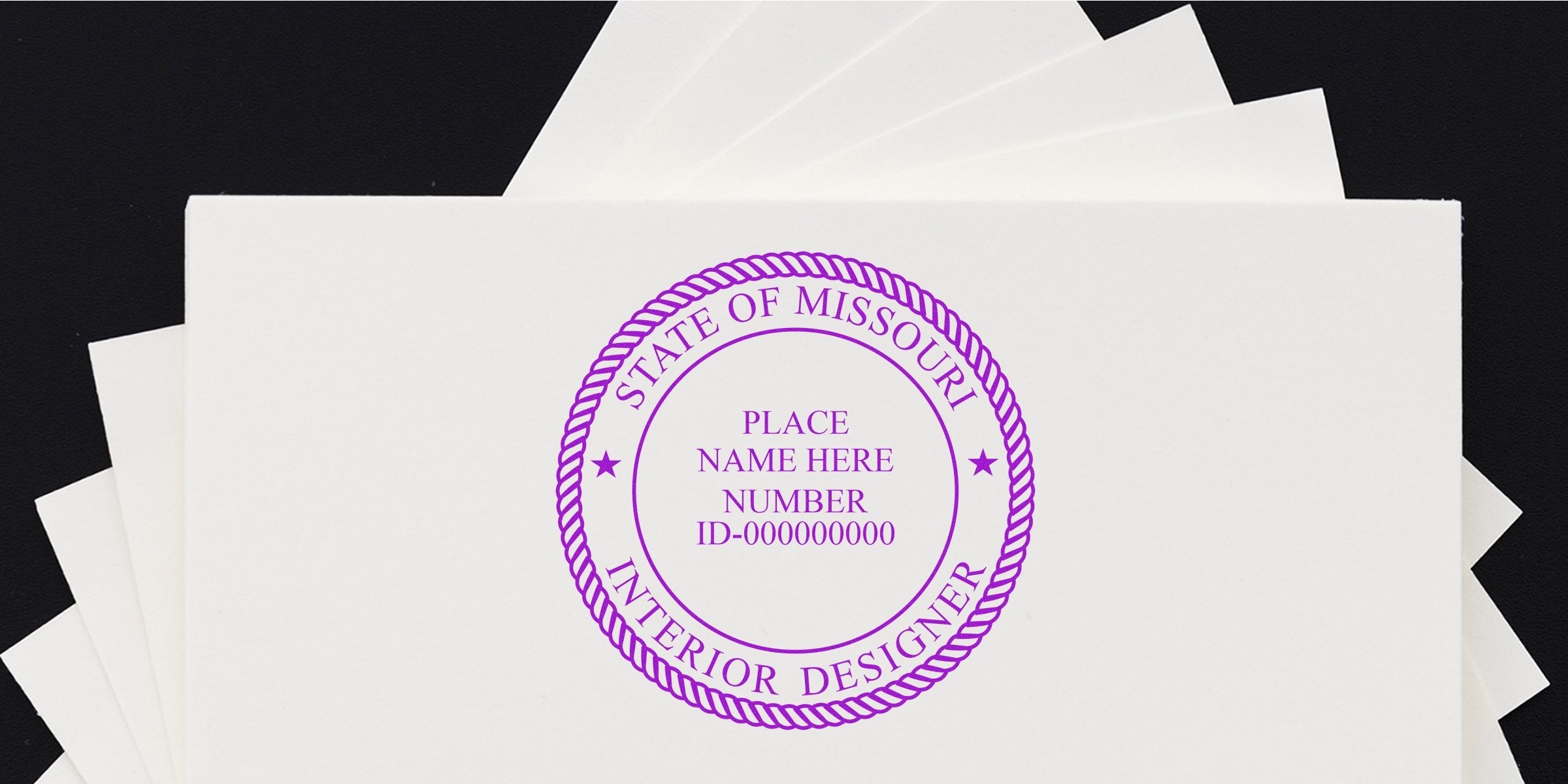 Missouri interior designer professional seal stamp on white paper for certification and licensing, made by Missouri seal maker.
