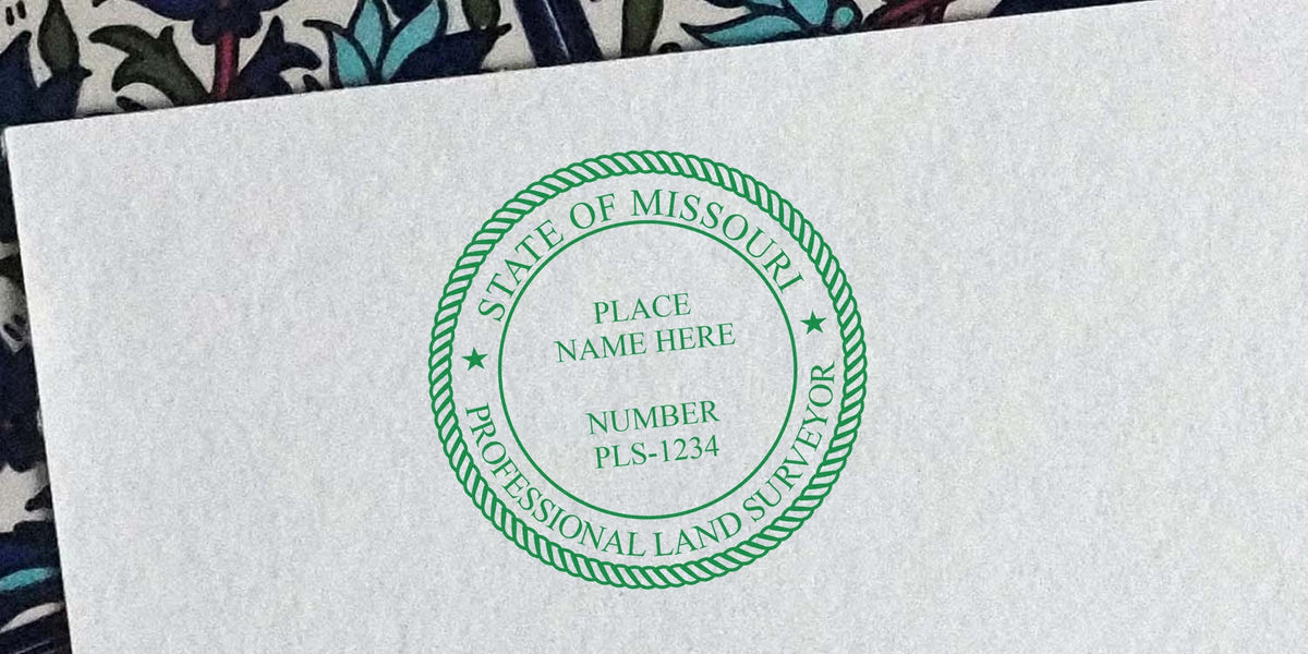 Missouri land surveyor stamp on white paper meets requirements for certified survey documents.