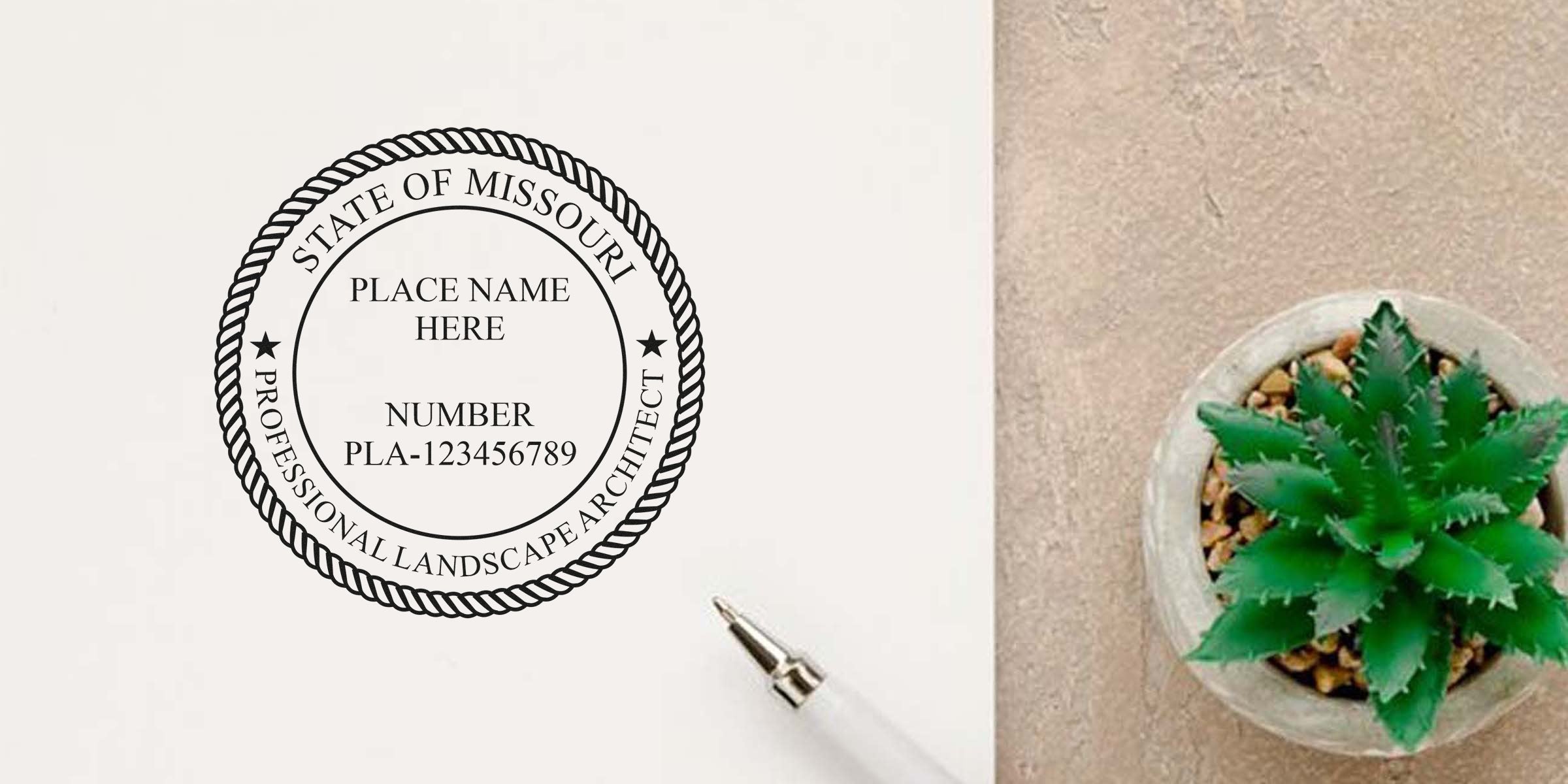 Missouri landscape architect stamp with professional seal, pen, and succulent on desk, illustrating the selection of a landscape architect seal.