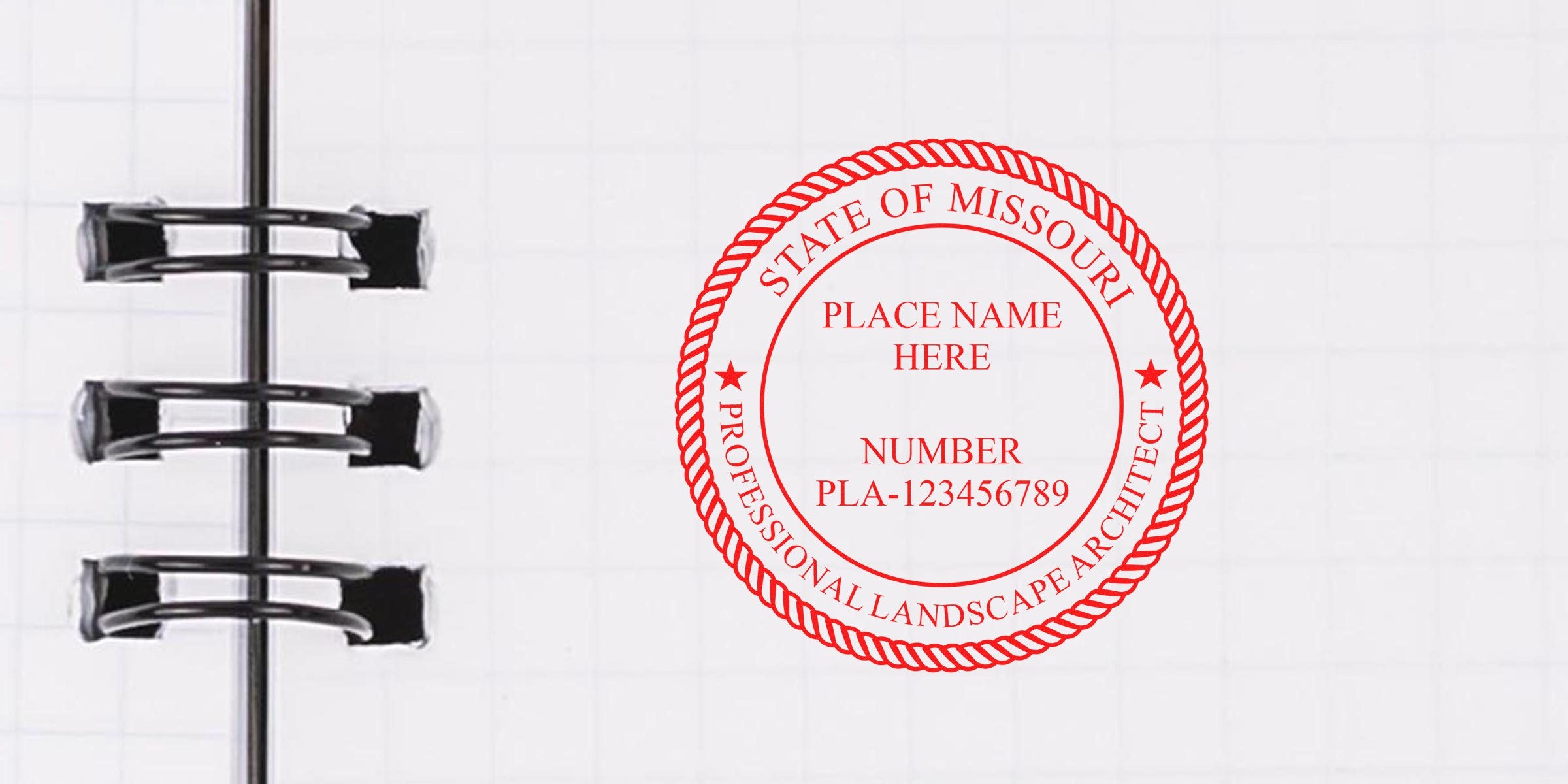 Missouri landscape architect seal with license number on notebook page, symbolizing a licensed professional and the purchase of a landscape architect seal in Missouri.