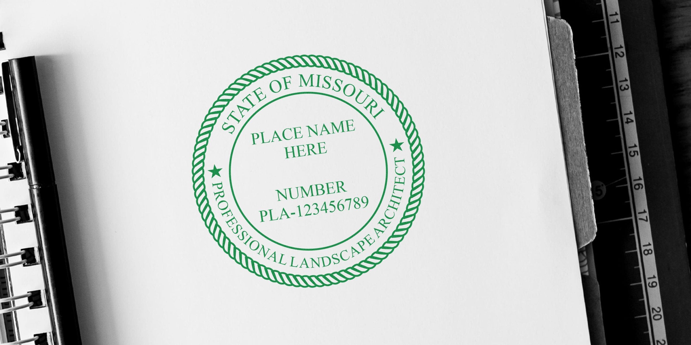 Missouri landscape architect seal stamp on white paper with clipboard and ruler, showing online Missouri landscape architect seal.