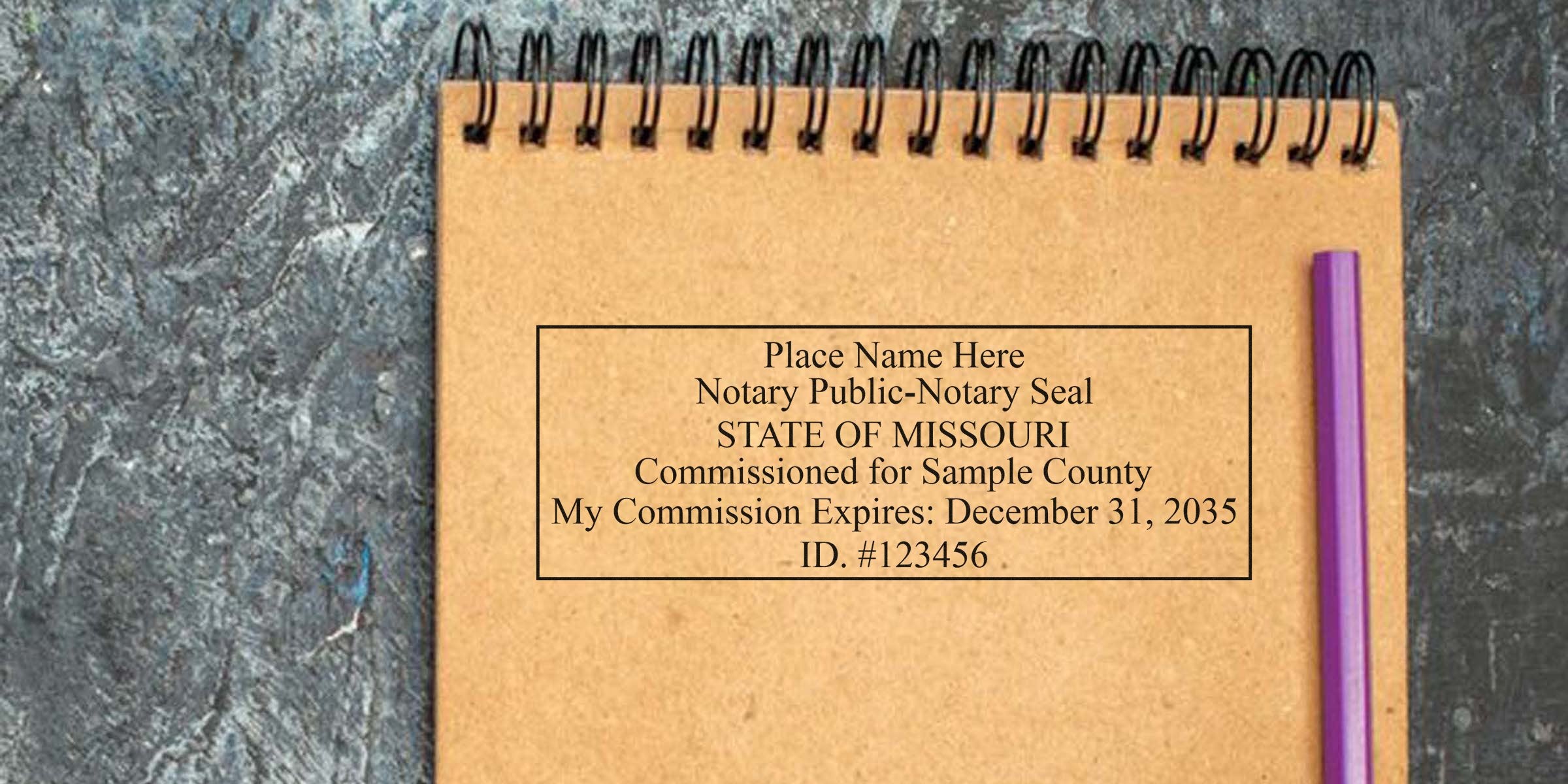 Missouri notary public commission certificate with seal on notebook, purple pen nearby, highlighting Missouri notary public regulations.