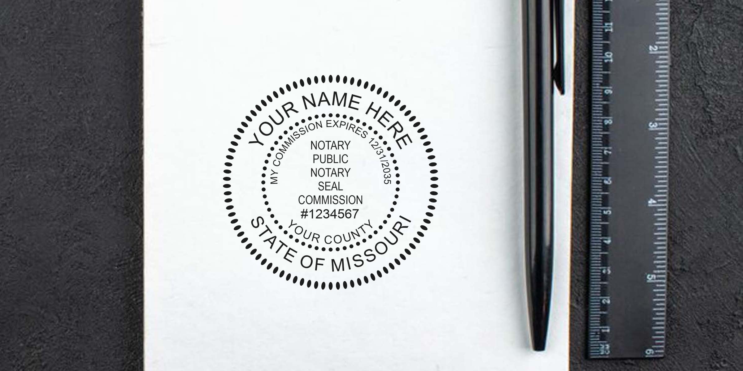 Missouri notary public seal on white paper with black pen and ruler, showing steps to become a Missouri notary for official document notarization.