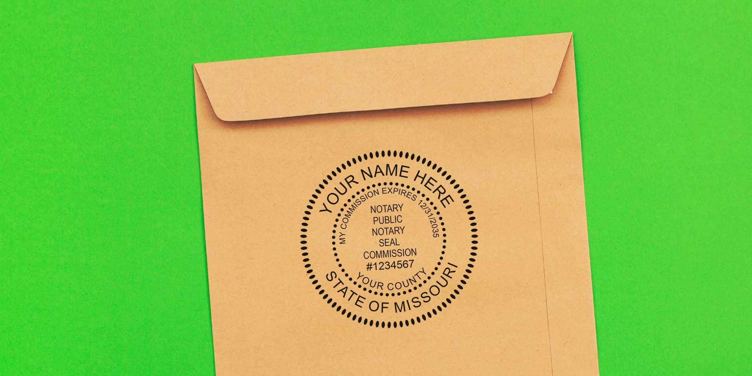 MO notary stamp on brown envelope for official document authentication, symbolizing Missouri's top notary stamp.