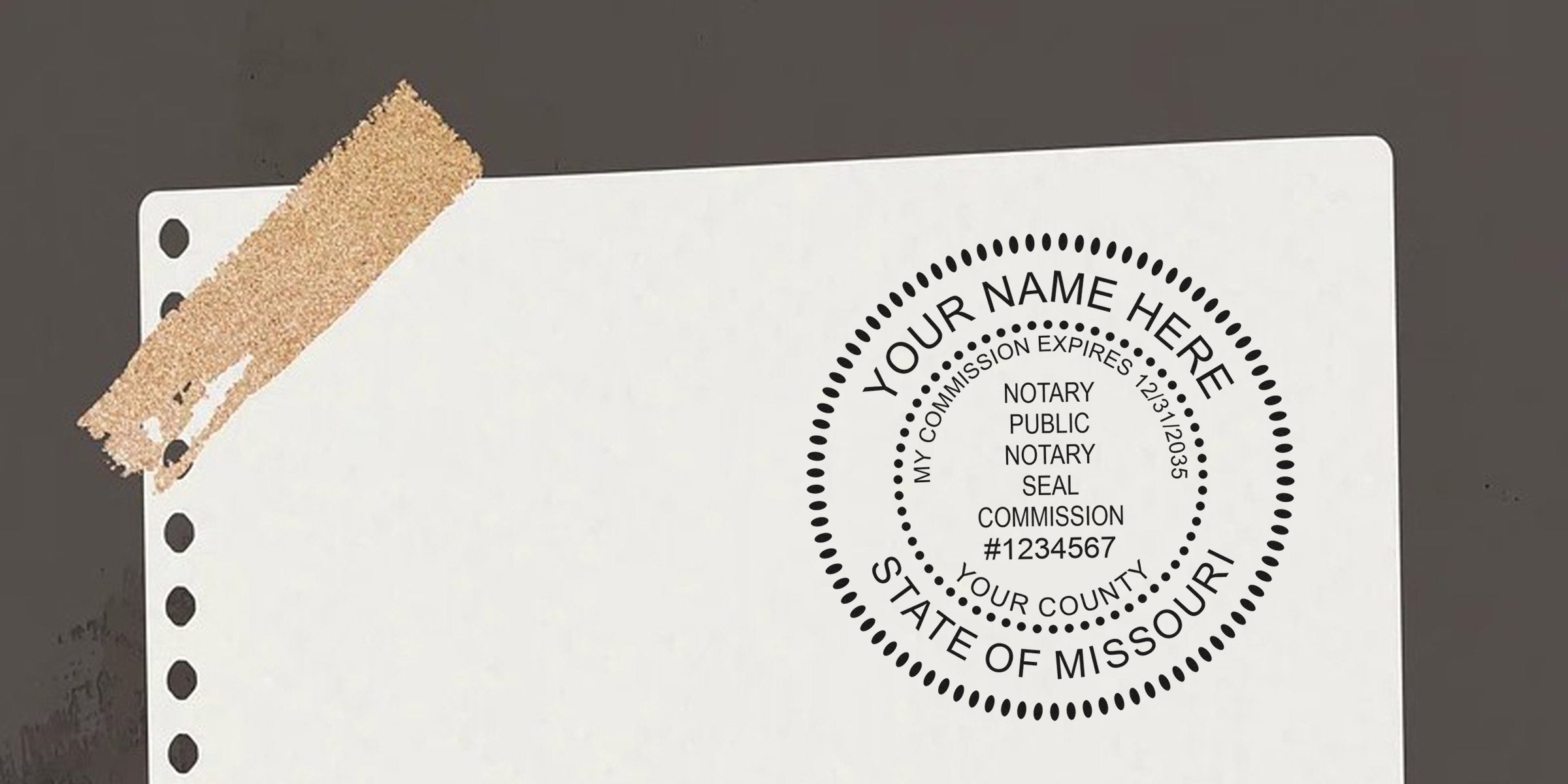 Missouri notary public stamp on white paper showing commission expiration date and county, complying with Missouri notary stamp requirements per the notary stamp guide.