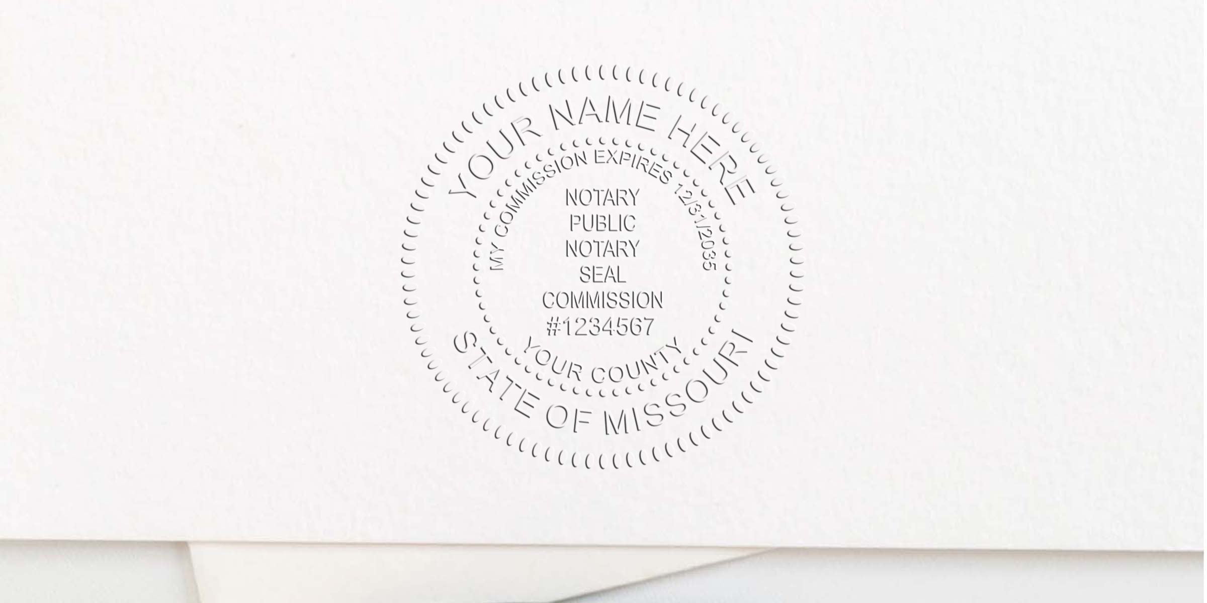 Embossed Missouri notary seal on white paper, meeting official notary commission certification requirements.