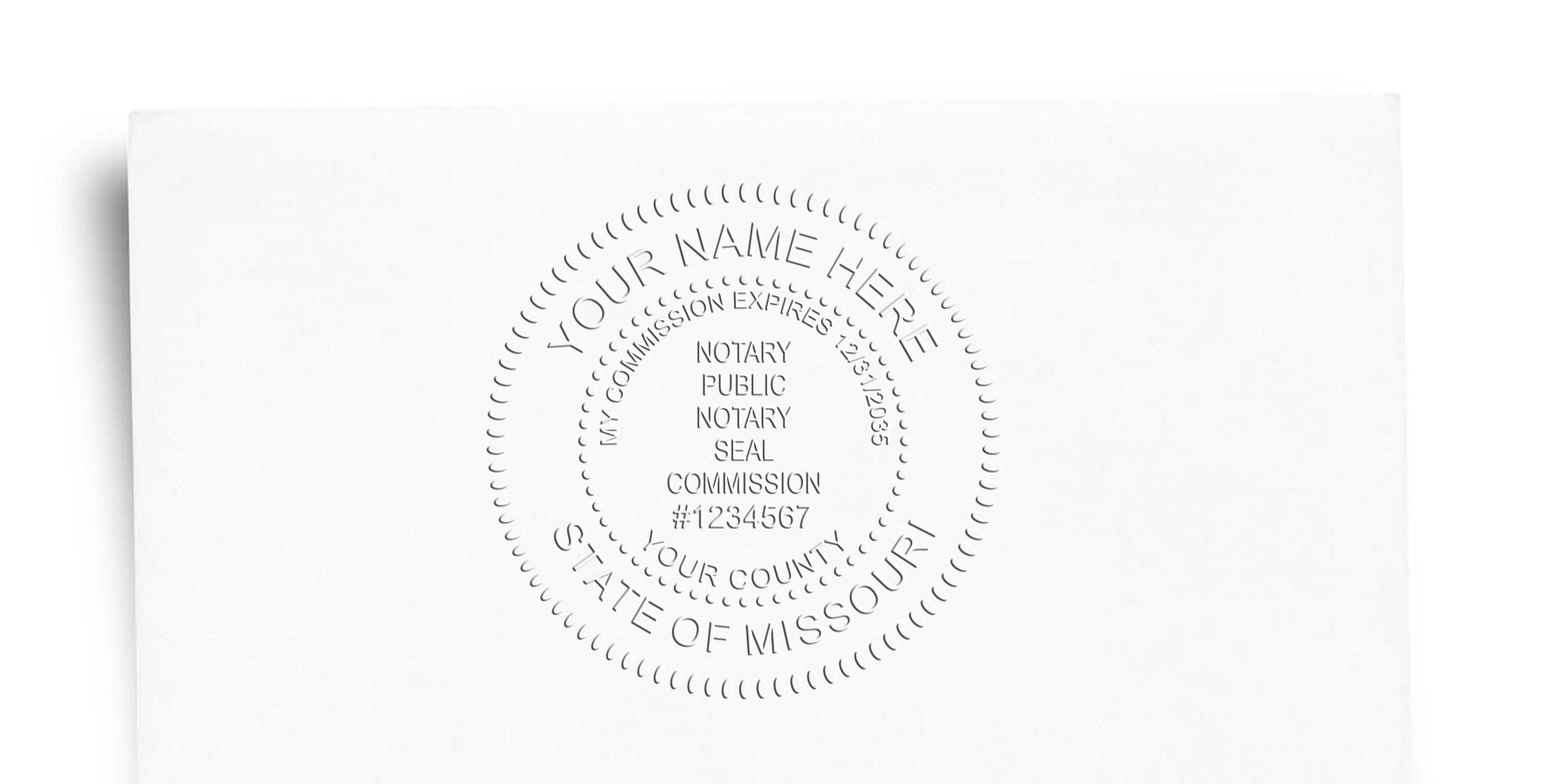Missouri Notary Seal embossing on white paper with customizable name and commission info, meeting Notary Public Guidelines.