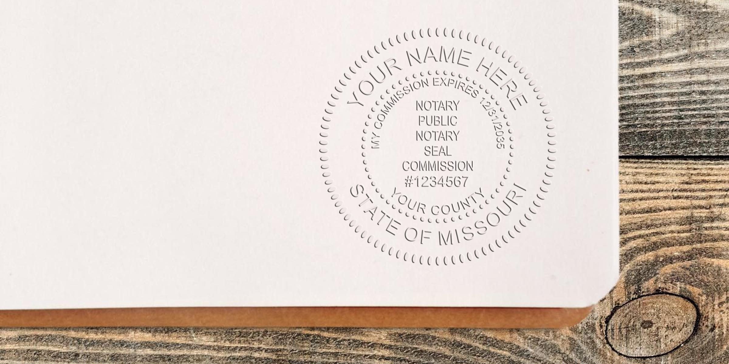 Missouri notary seal embossed on white paper with wooden background, displaying official Missouri notary public seal; key tips for buying authentic notary commission stamps.