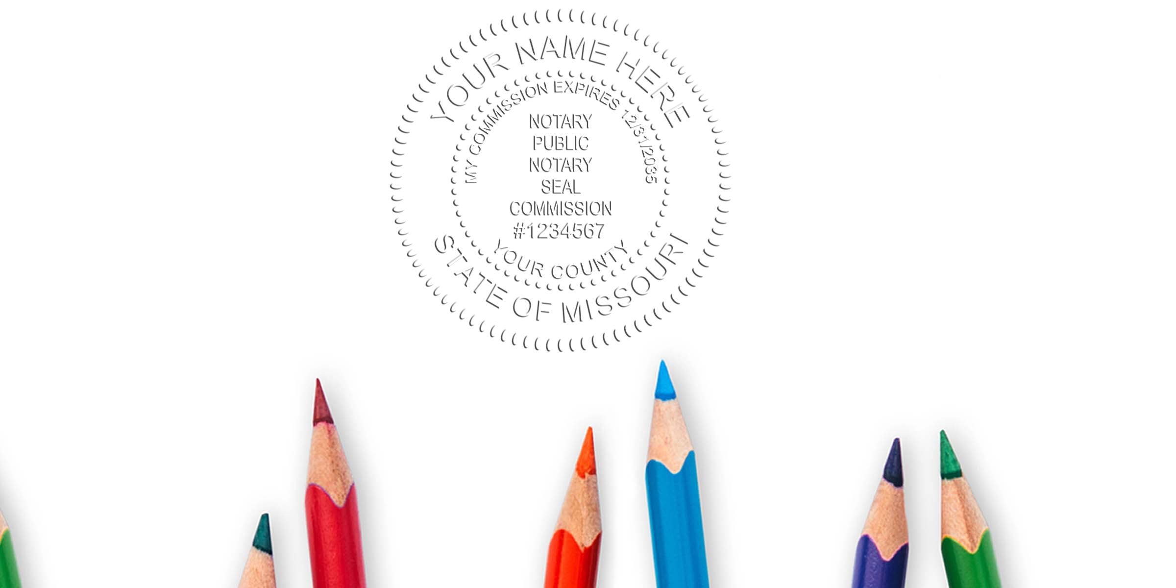 Missouri notary stamp and seal with colored pencils, featuring the Missouri notary public seal for commission and certification.