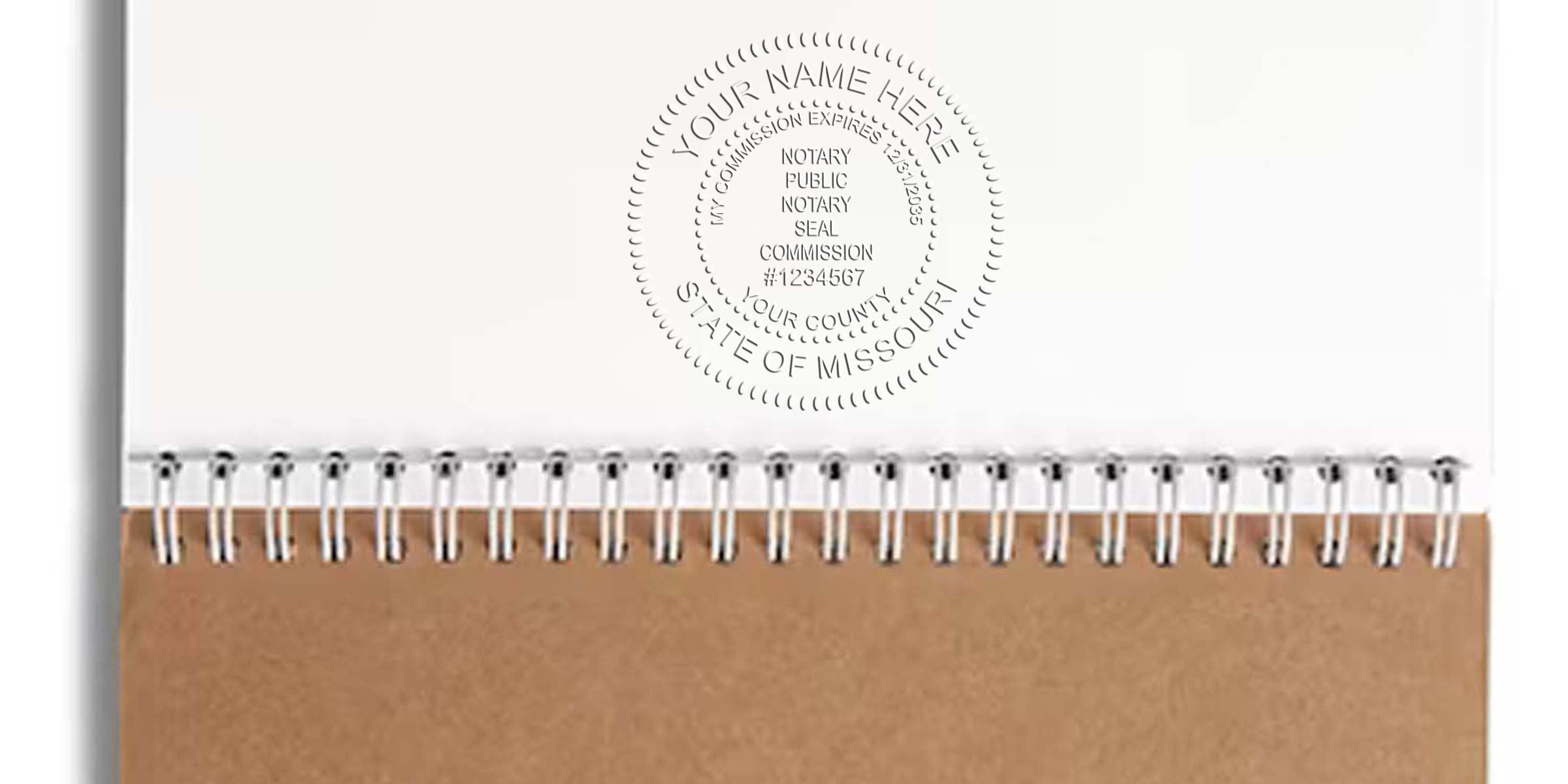 Missouri notary stamp embossed on white paper, set against a spiral notebook background, displaying the official Missouri notary stamp format.