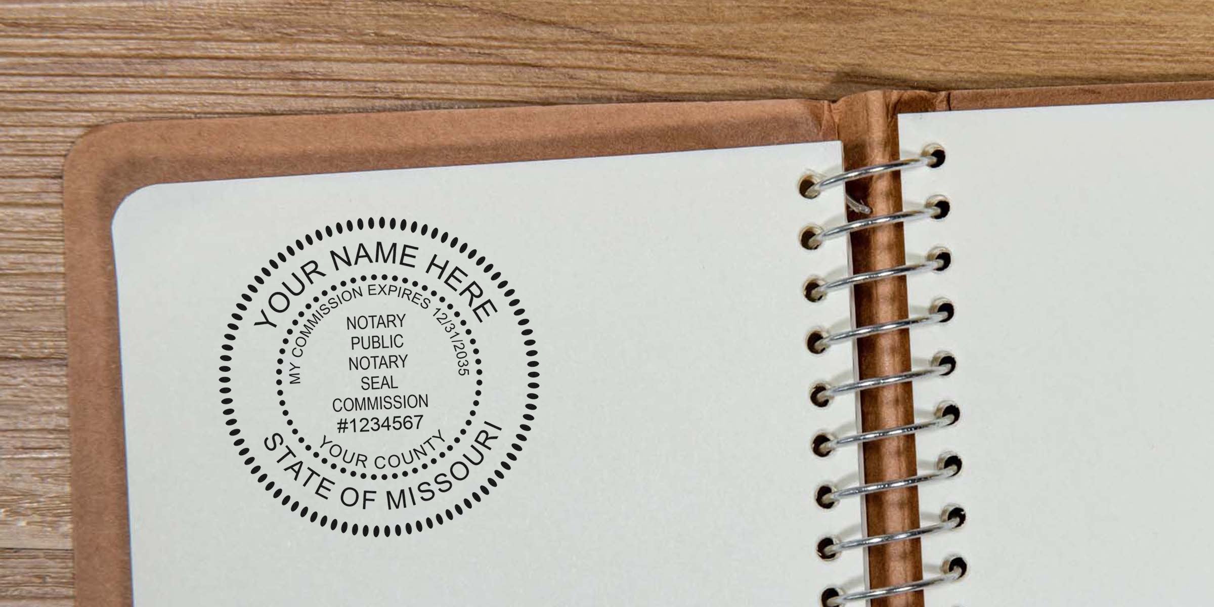 Custom Missouri Notary Public Seal stamp on notebook page, compliant with Missouri Notary Seal requirements for official documents.