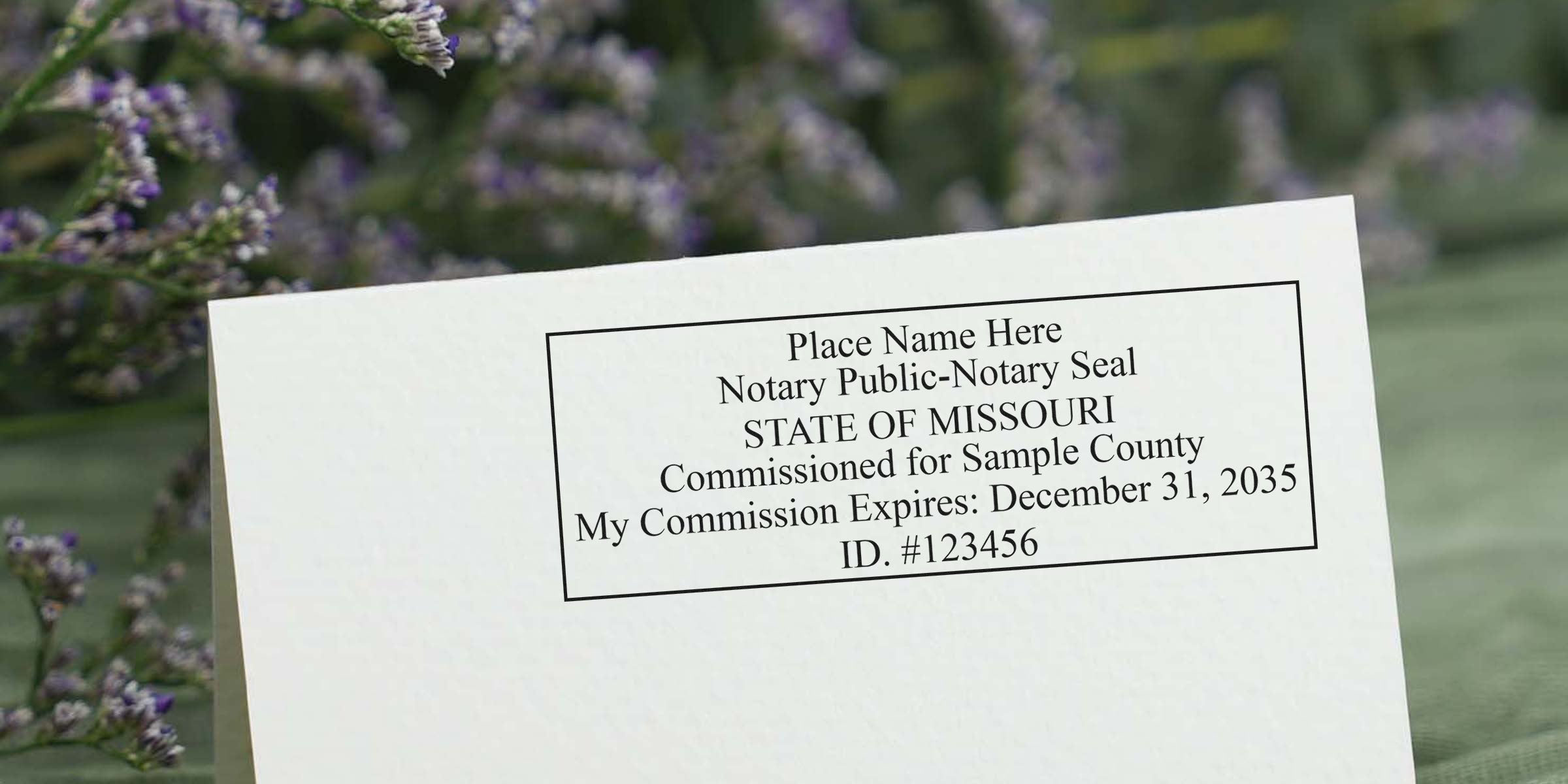 Missouri Notary Stamp sample showing a notary seal, commission certificate with expiration date and ID number, per Missouri Notary Stamp Guide.