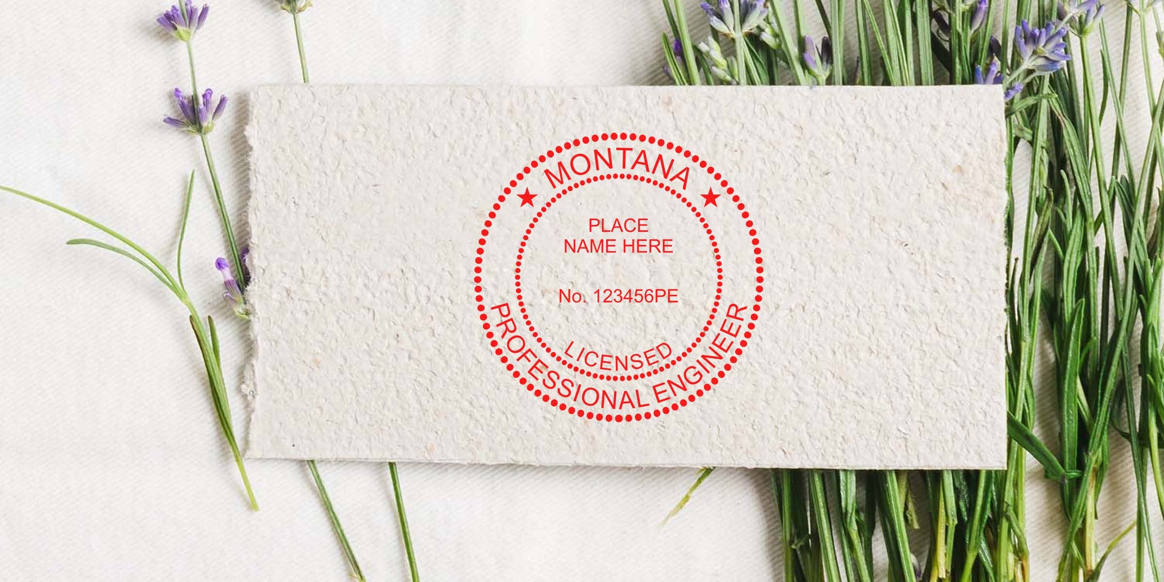 Custom Montana PE Seal on textured paper with lavender flower background, featuring the Professional Engineer Seal of Montana.