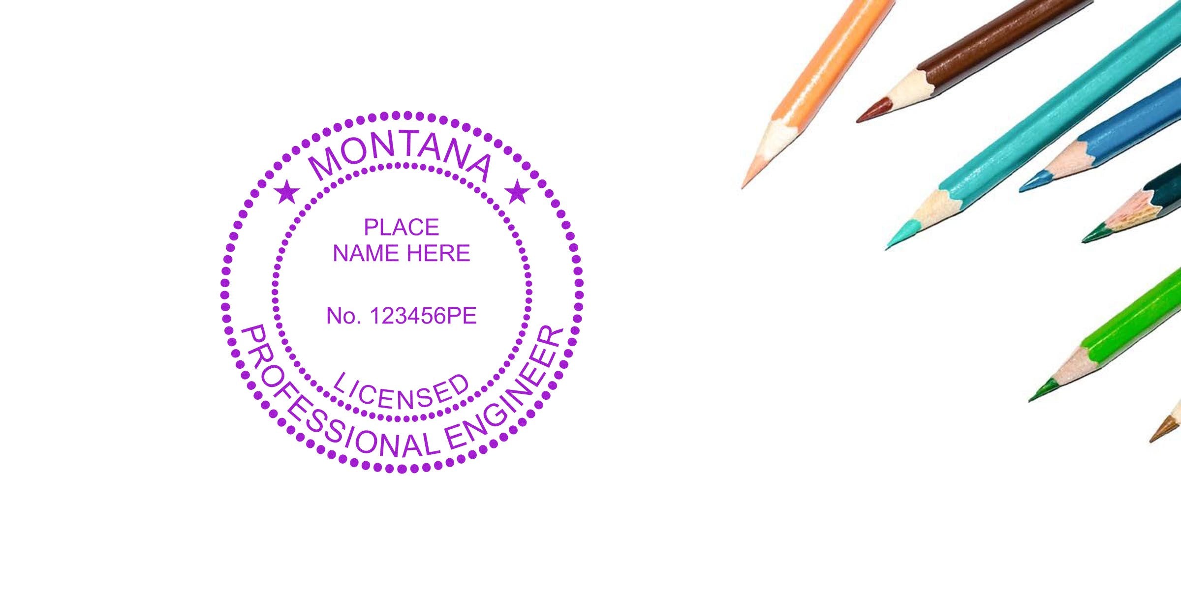 Montana engineer stamp with colored pencils on white background, showcasing a professional embossing tool.