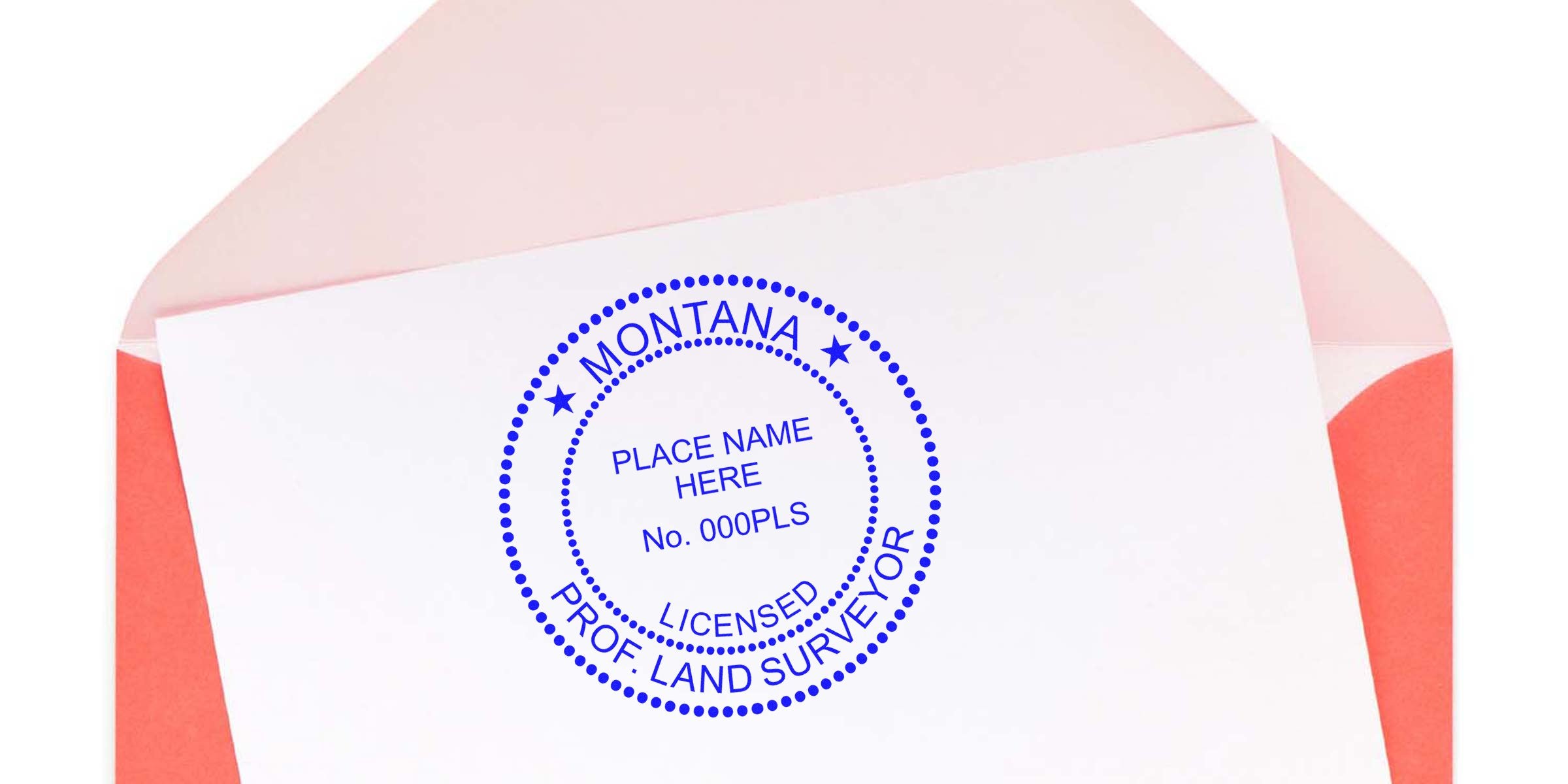 Montana land surveyor stamp on white paper, set against pink and red envelope background, meeting all land surveyor stamp requirements.