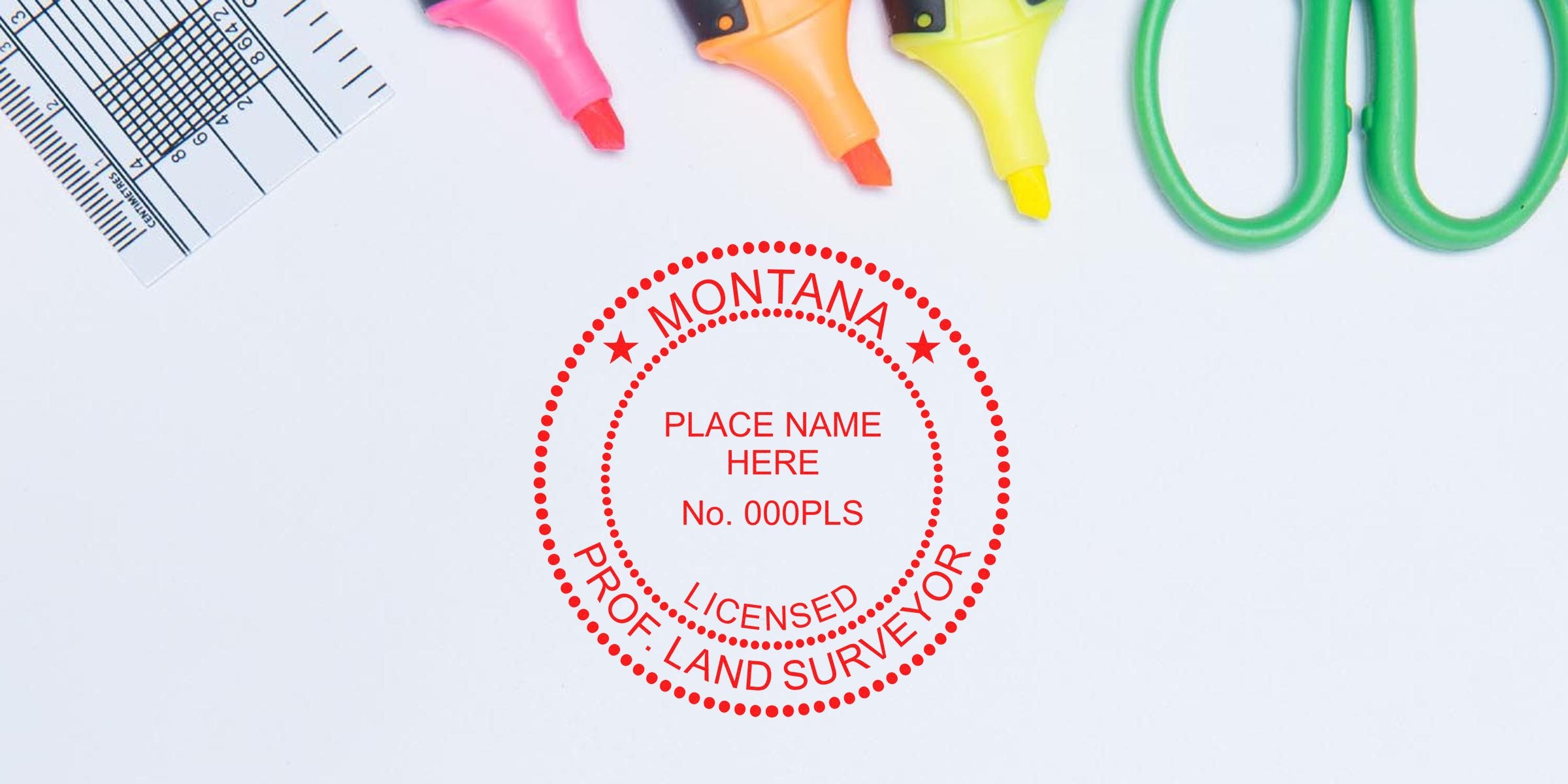 Montana land surveyor stamp with drafting tools and highlighters on white background, symbolizing Montana land surveying regulations.