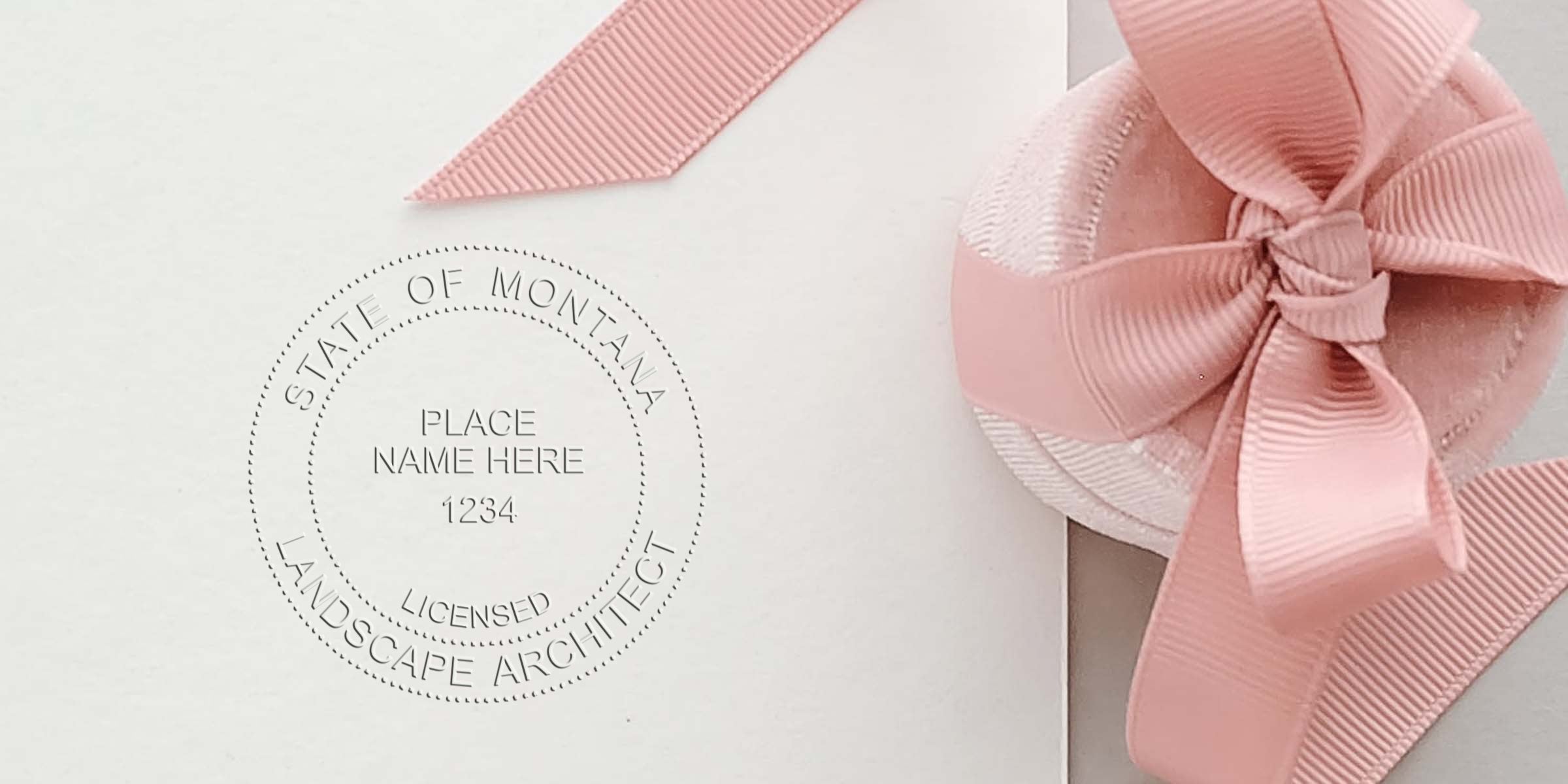 Embossed Montana landscape architect seal with pink ribbon on white paper. Custom notary seal for licensed landscape architects. Buy architect seals online.