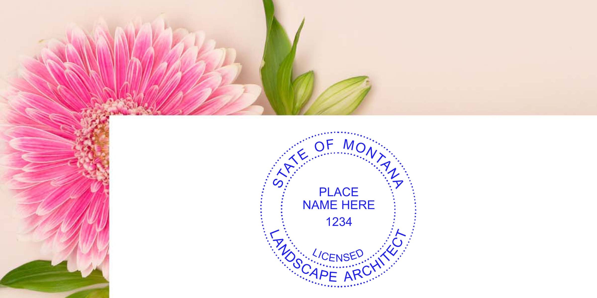 Pink gerbera daisy with green leaves beside Montana landscape architect stamp on white background, perfect for landscape architect stamp purchase.