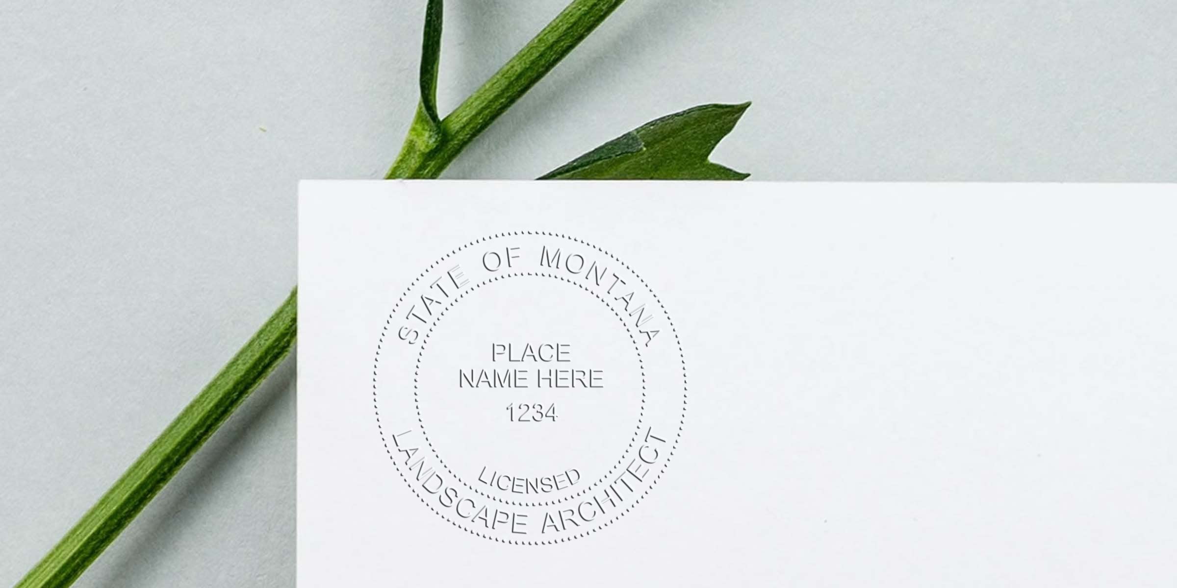 Embossed Montana landscape architect stamp on white paper with green leaf background, featuring the licensed architect seal; ideal for landscape architect stamp orders.