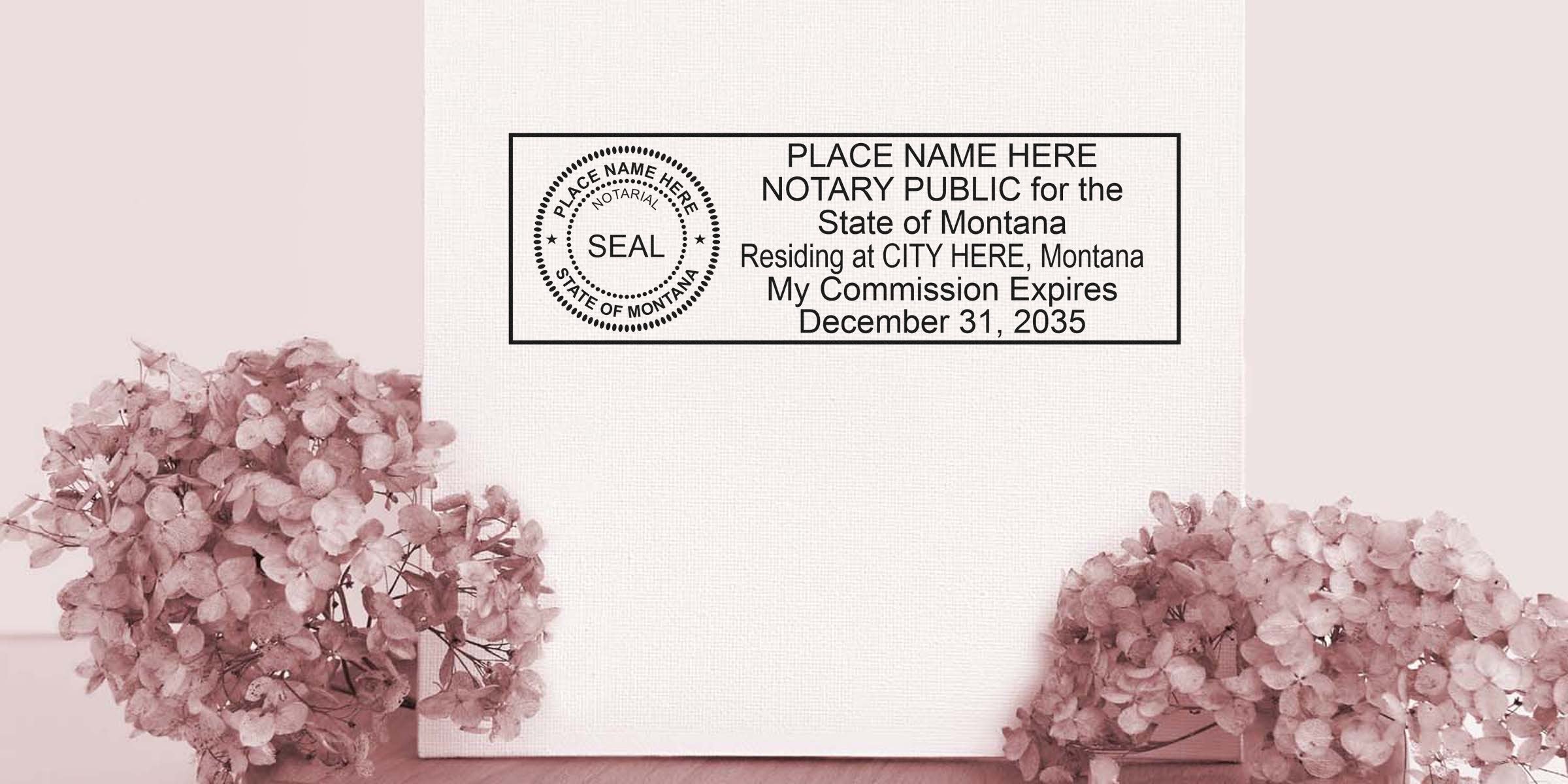 Montana notary seal on white paper with pink hydrangea flowers, showcasing a trusted notary stamp.