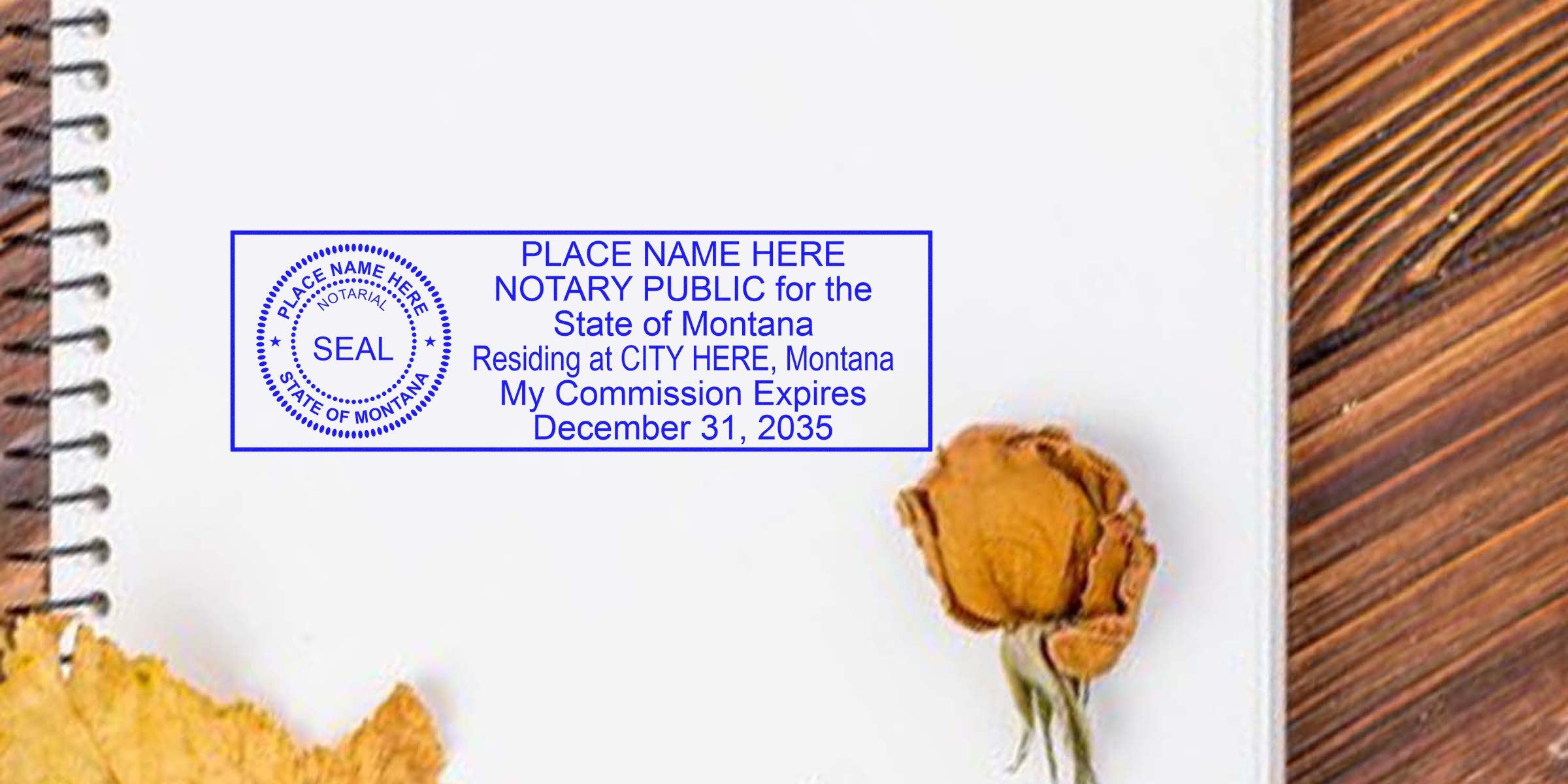 Montana Notary Seal stamped on a notebook page, showing the official Montana Notary Public Seal in a Notary Public Seal Guide.