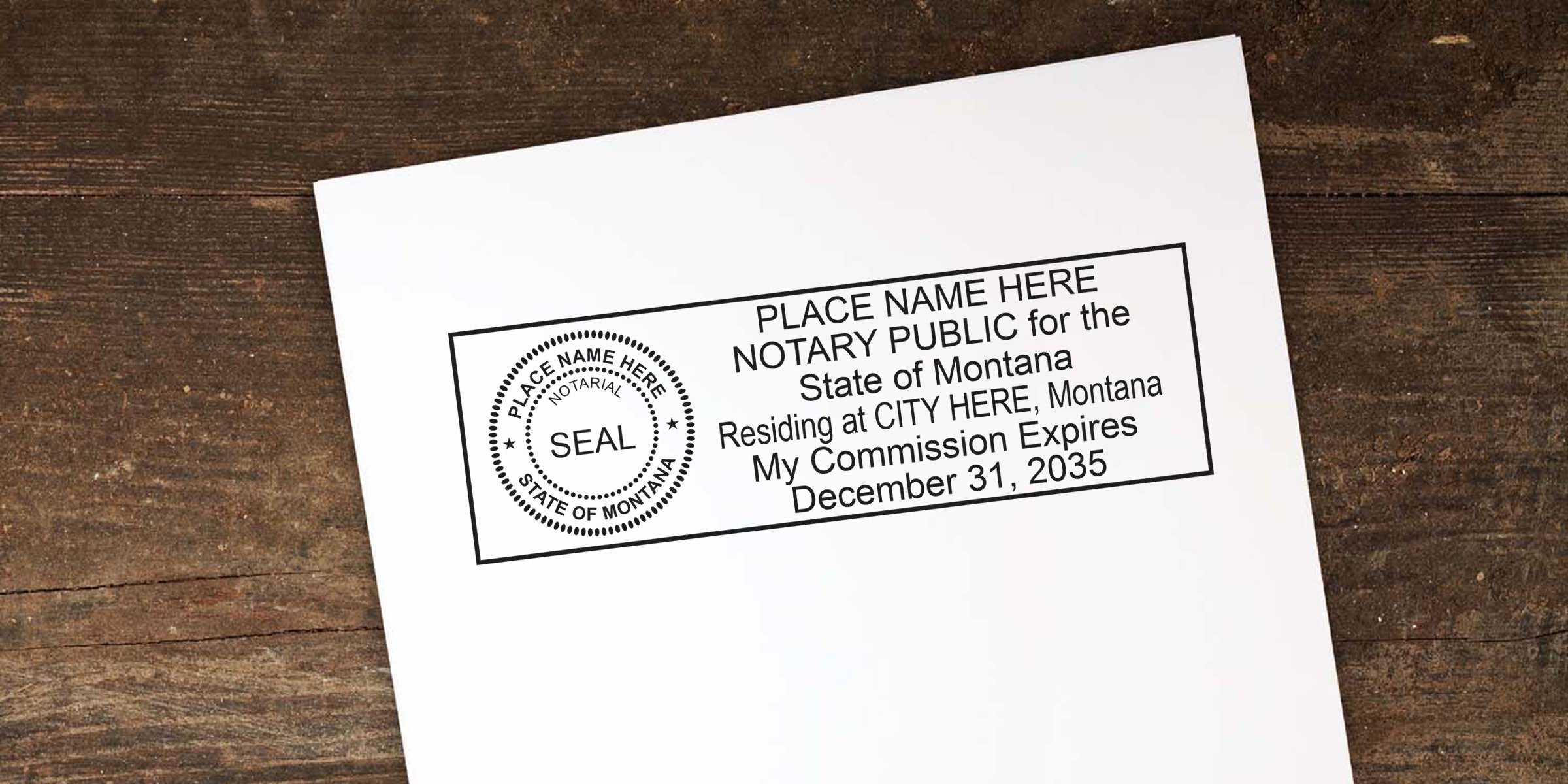 Montana Notary Starter Kit includes a notary public seal and commission certificate displayed on a wooden table.