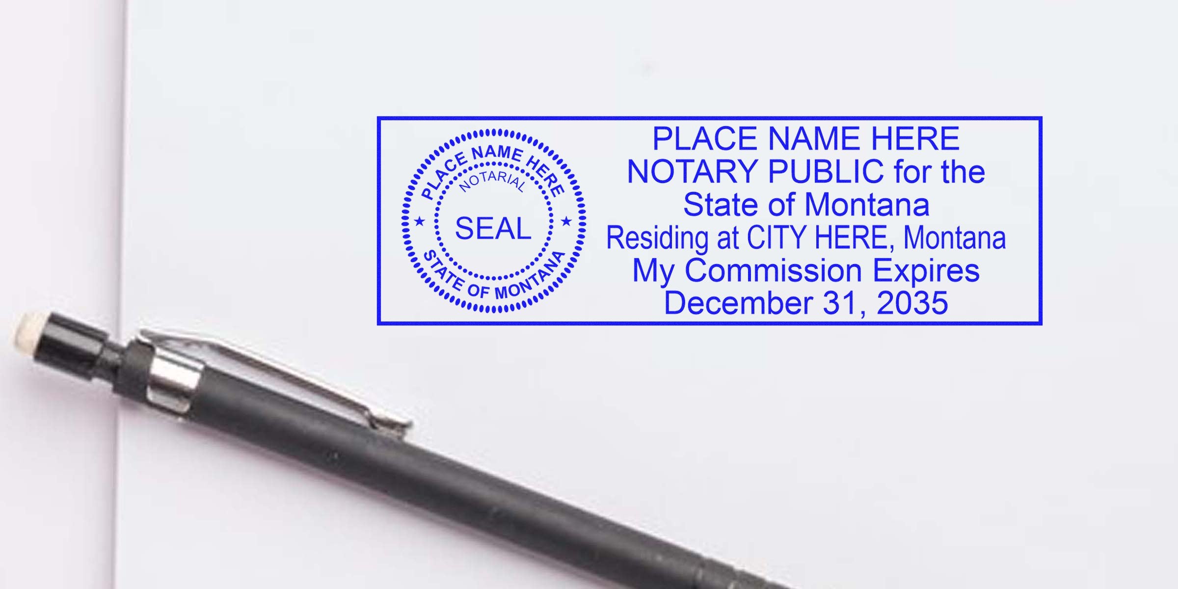 Montana notary seal stamped on white paper with commission expiration date, black pen beside, displaying seal dimensions.