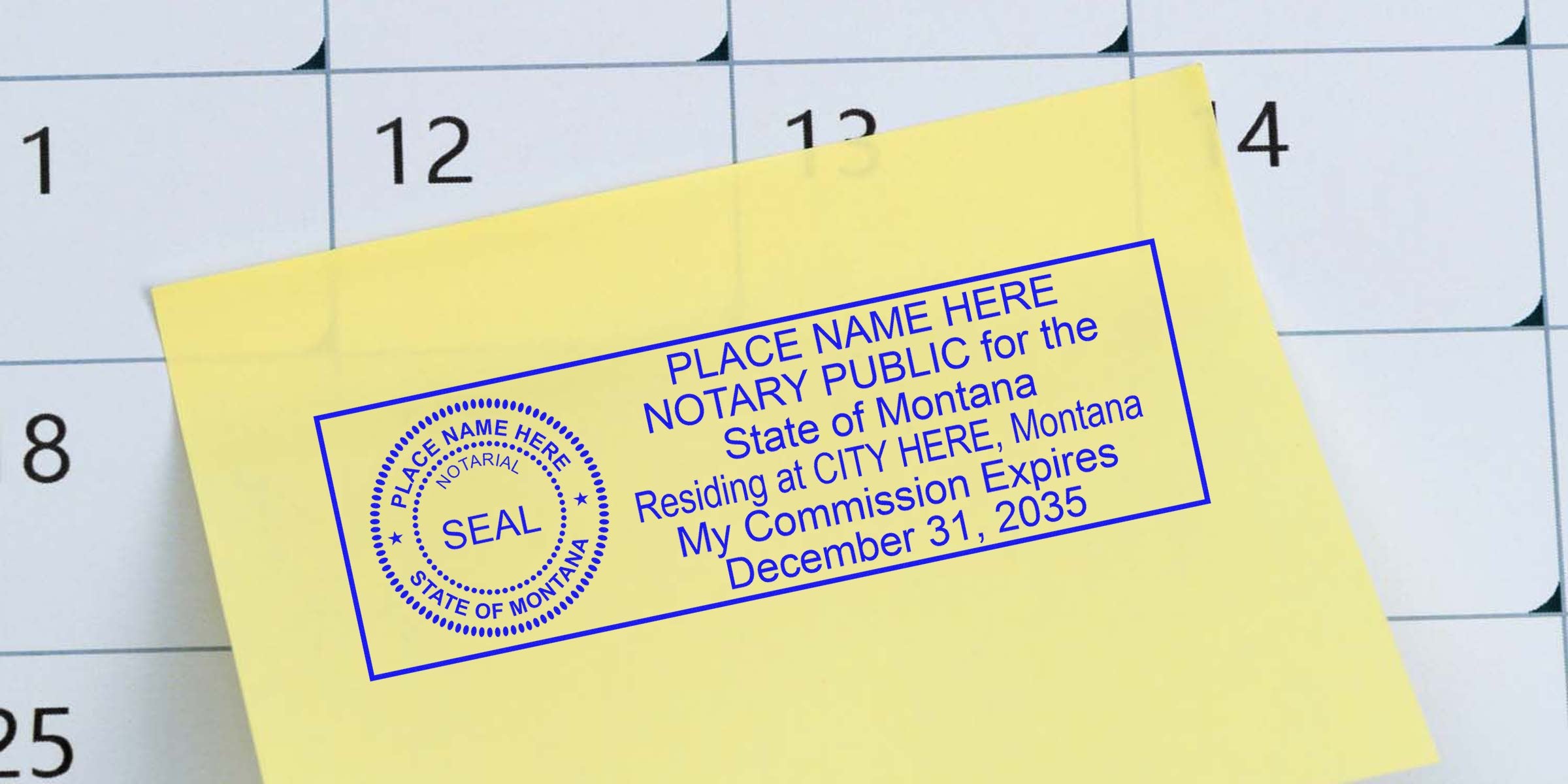 Montana notary stamp on yellow paper with calendar background, displaying notary stamp format, official Montana notary public seal, and commission expiration date of December 31, 2035.
